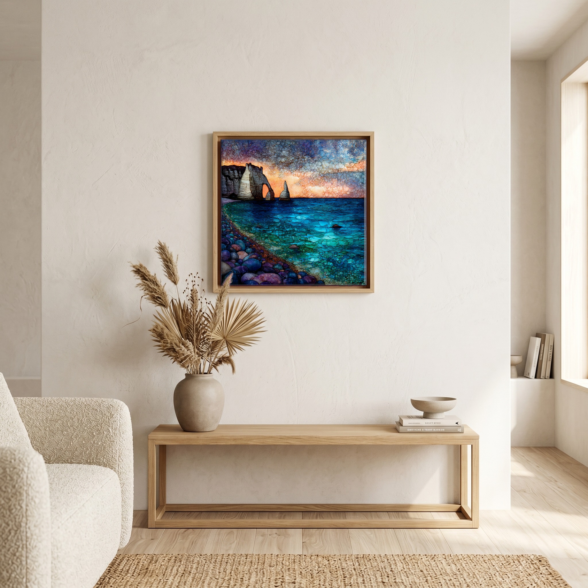 Above the bench, in a warm oak surround.