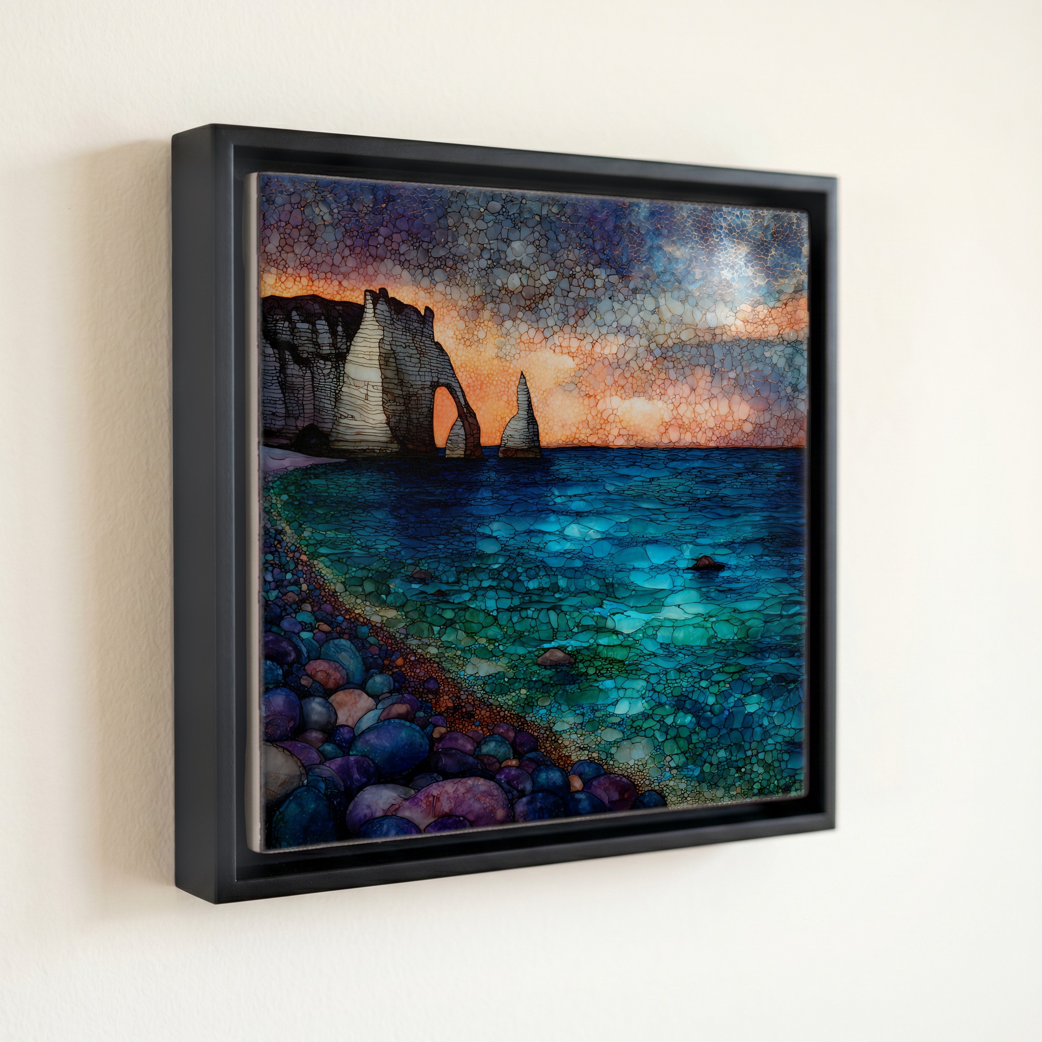 shown in a slim black floating frame · 6 × 6 in