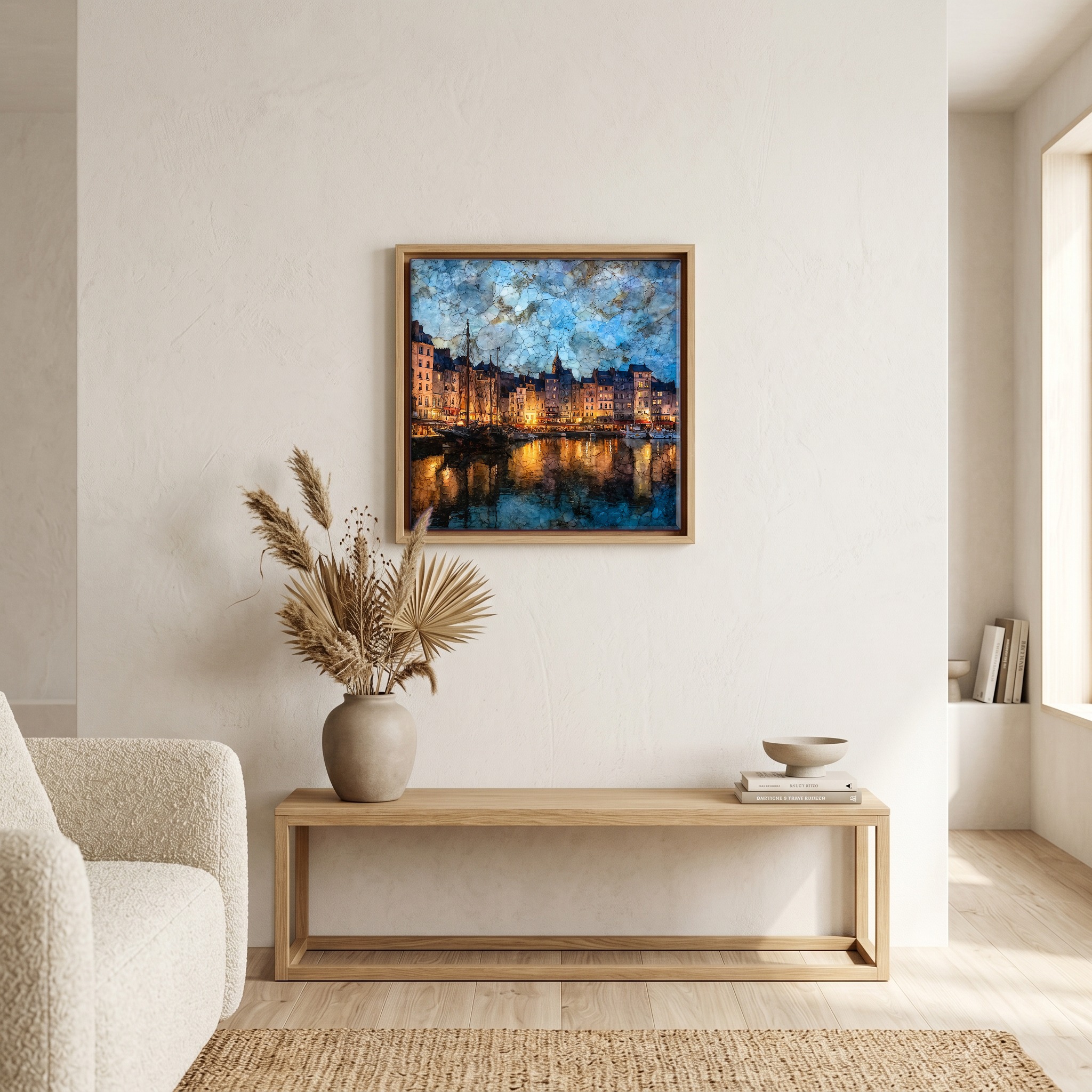 Above the bench, in a warm oak surround.