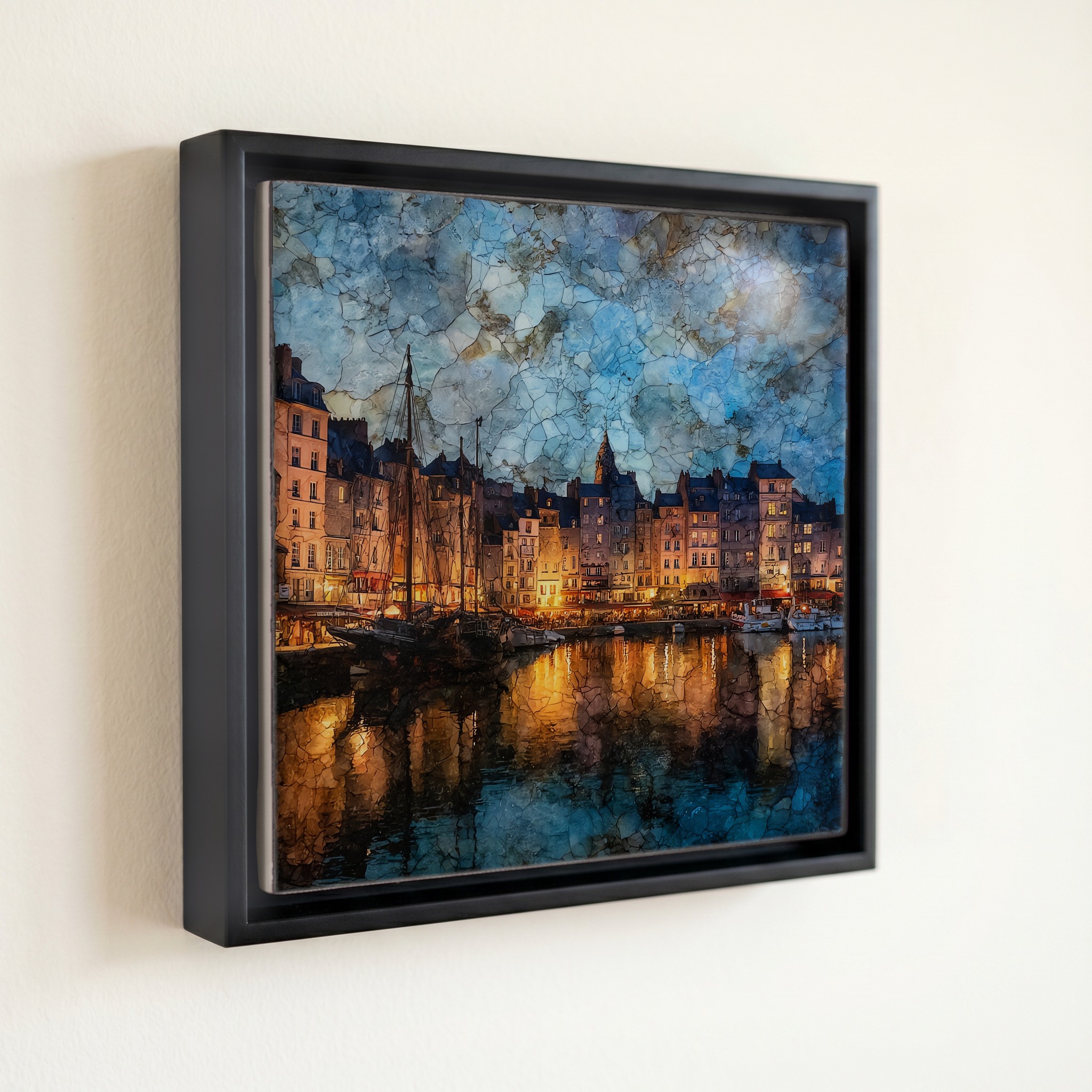 shown in a slim black floating frame · 6 × 6 in