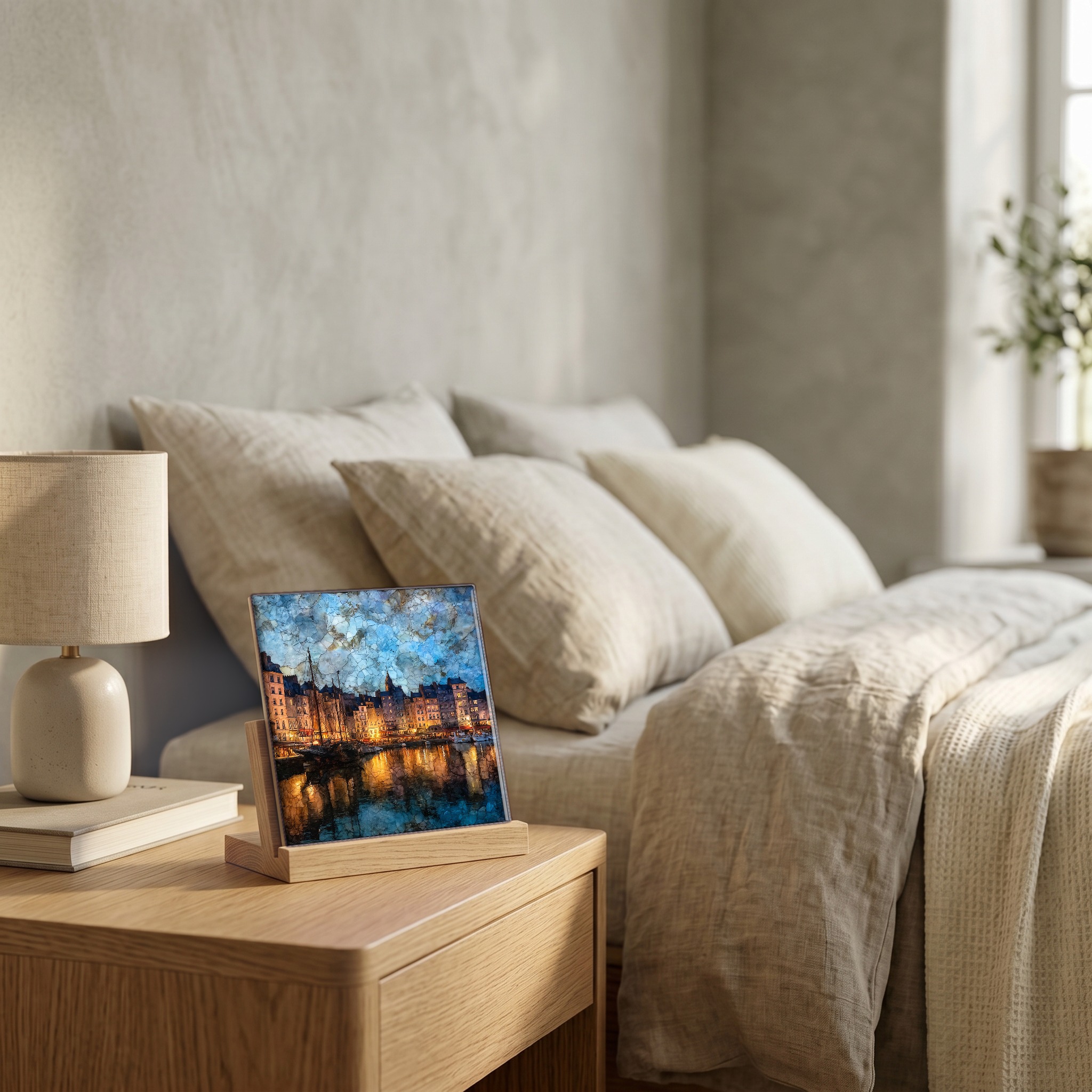 On the nightstand, on a light oak stand.