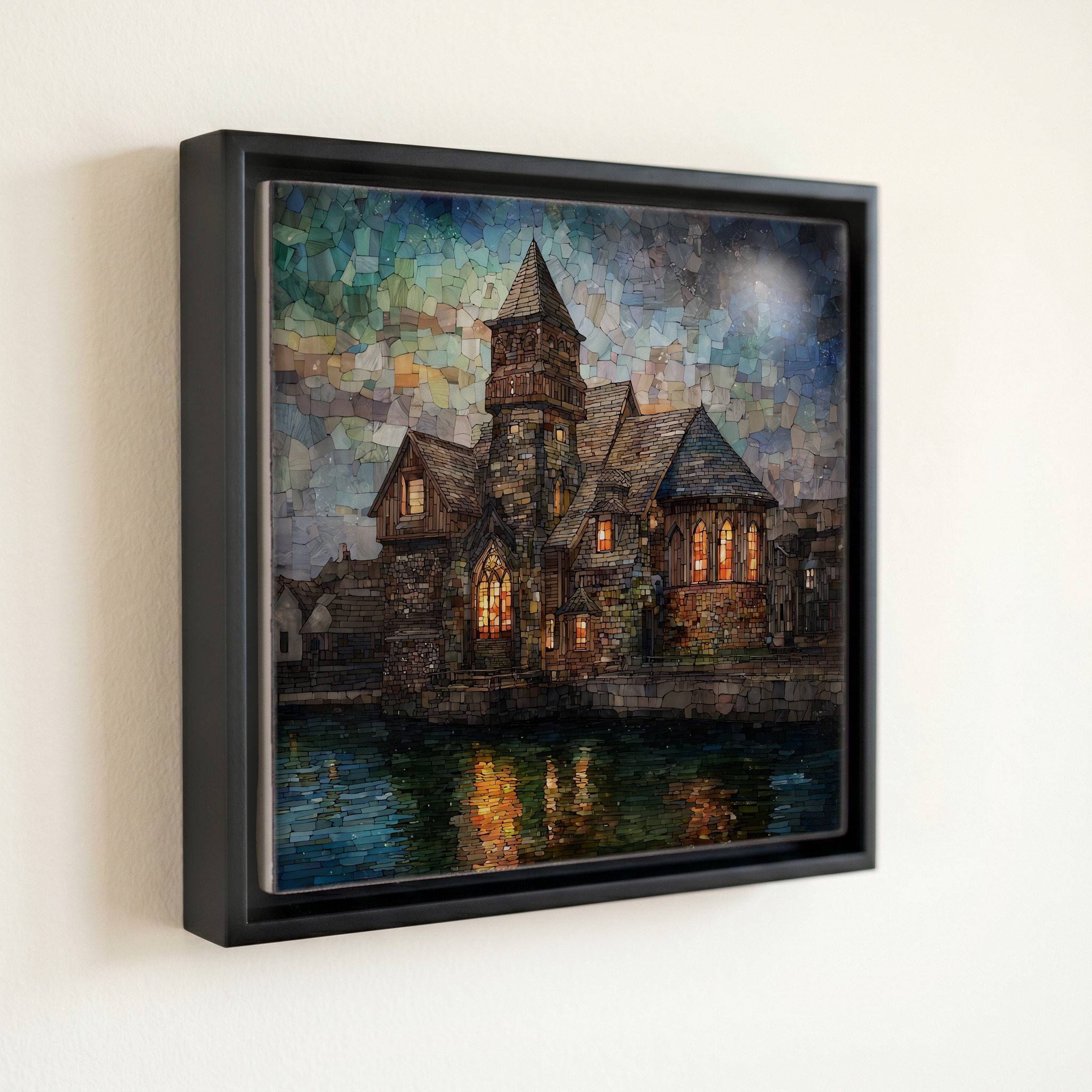 shown in a slim black floating frame · 6 × 6 in