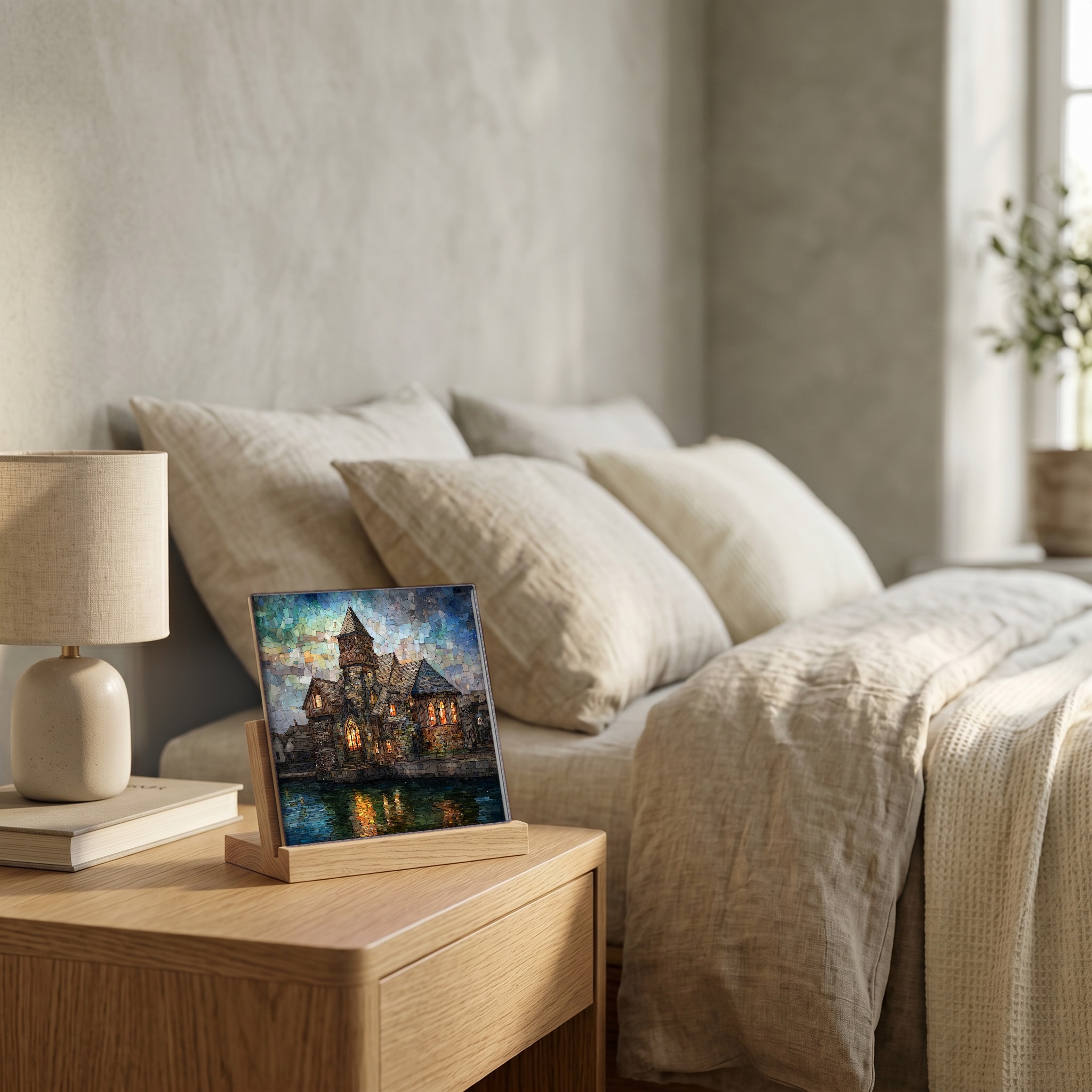 On the nightstand, on a light oak stand.