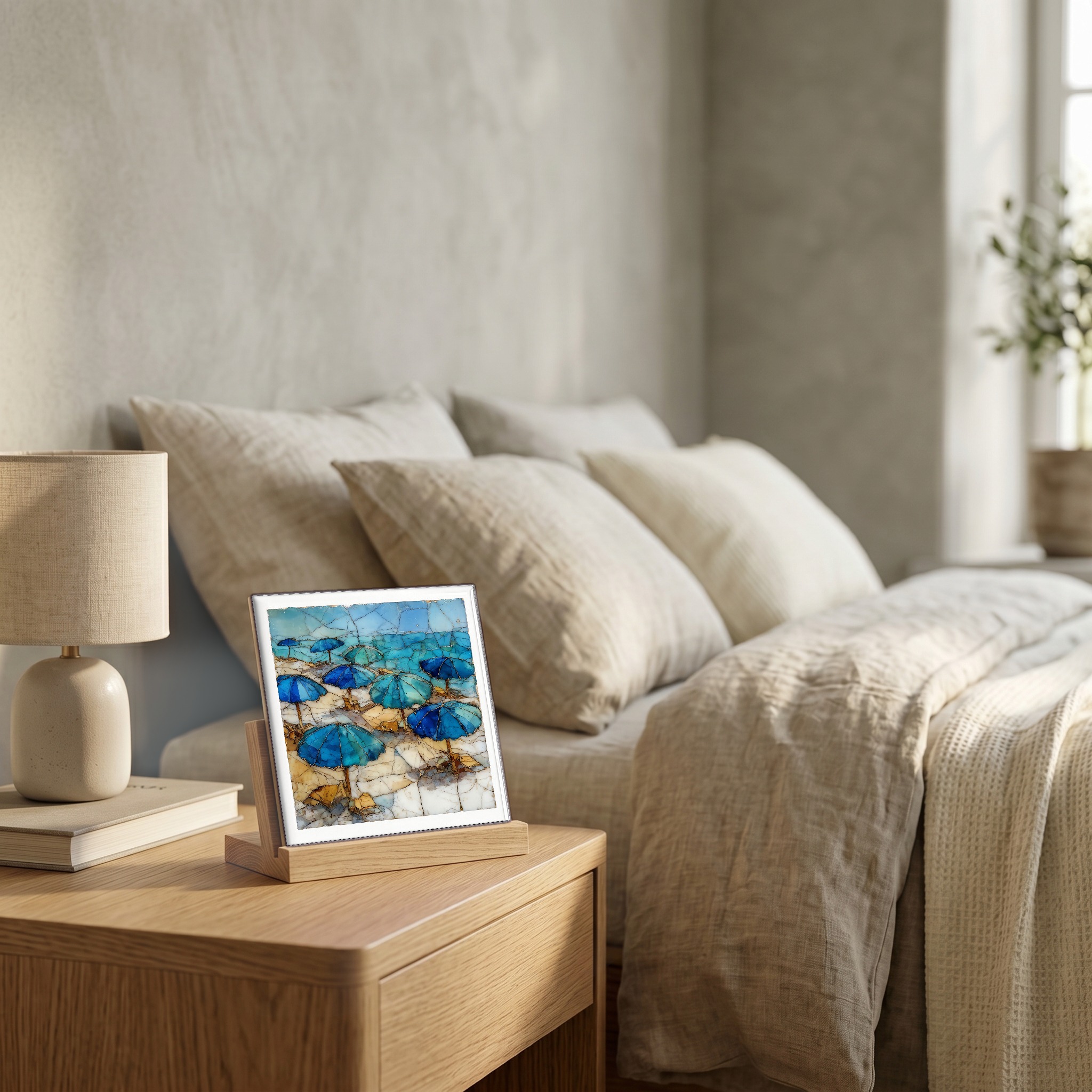 On the nightstand, on a light oak stand.