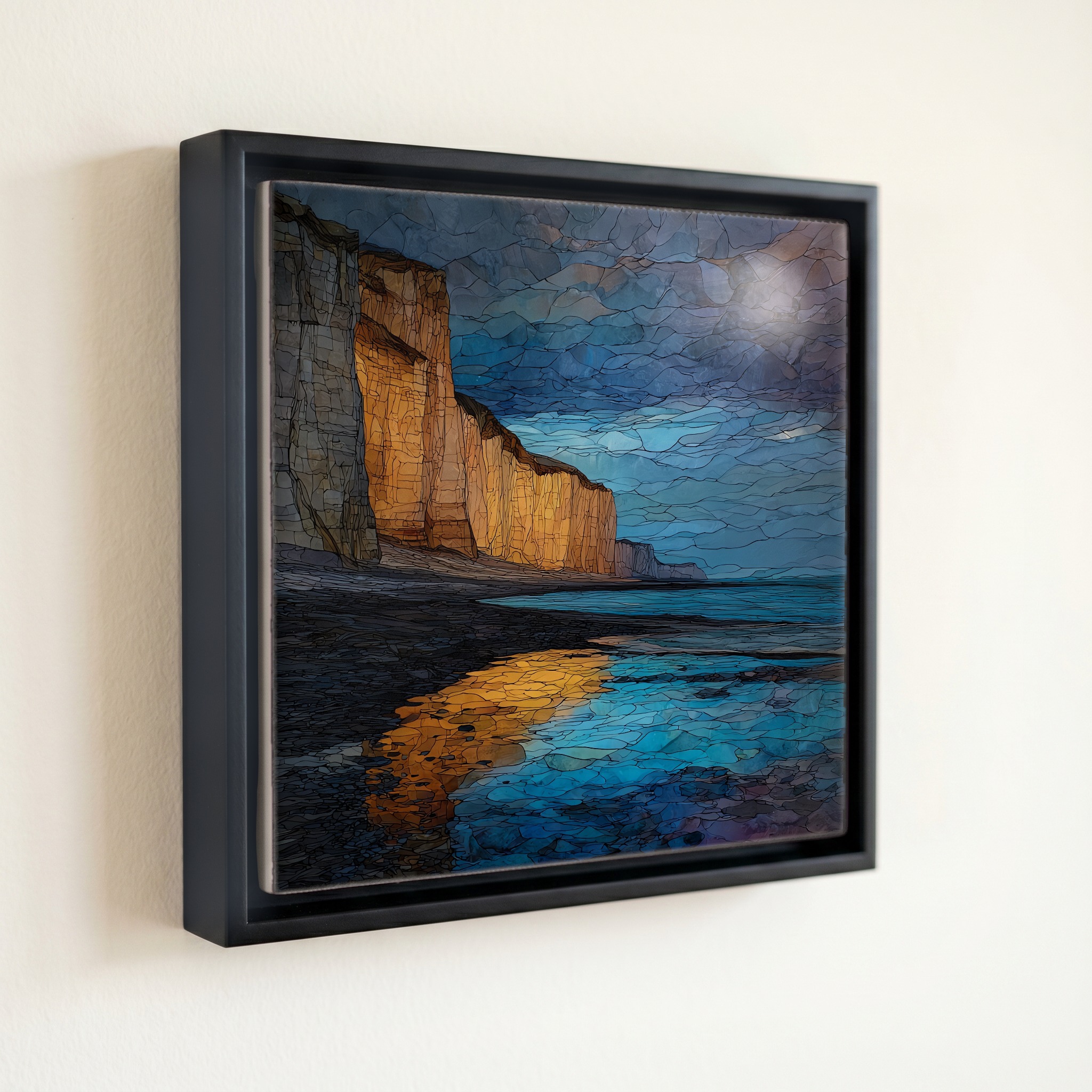 shown in a slim black floating frame · 6 × 6 in