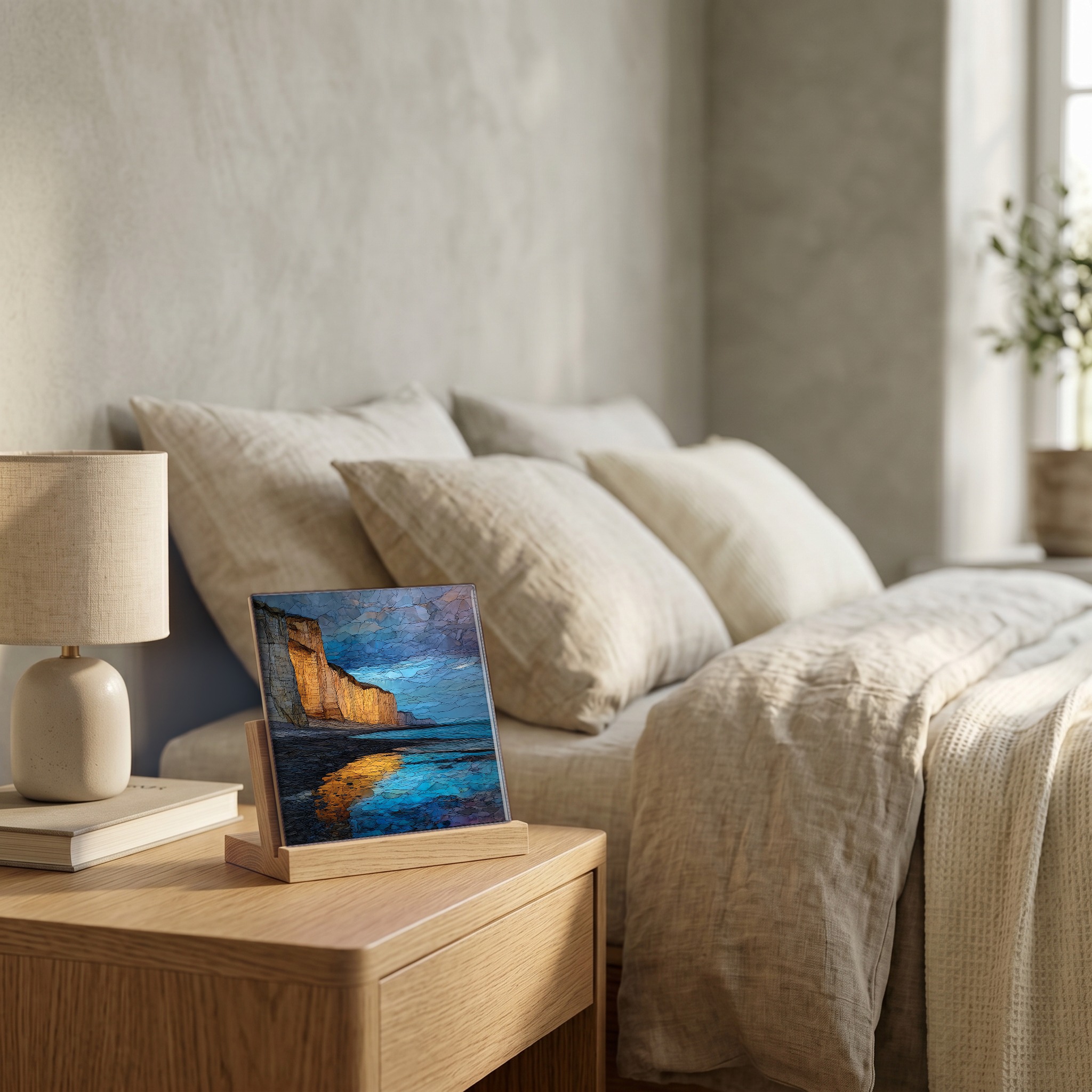 On the nightstand, on a light oak stand.