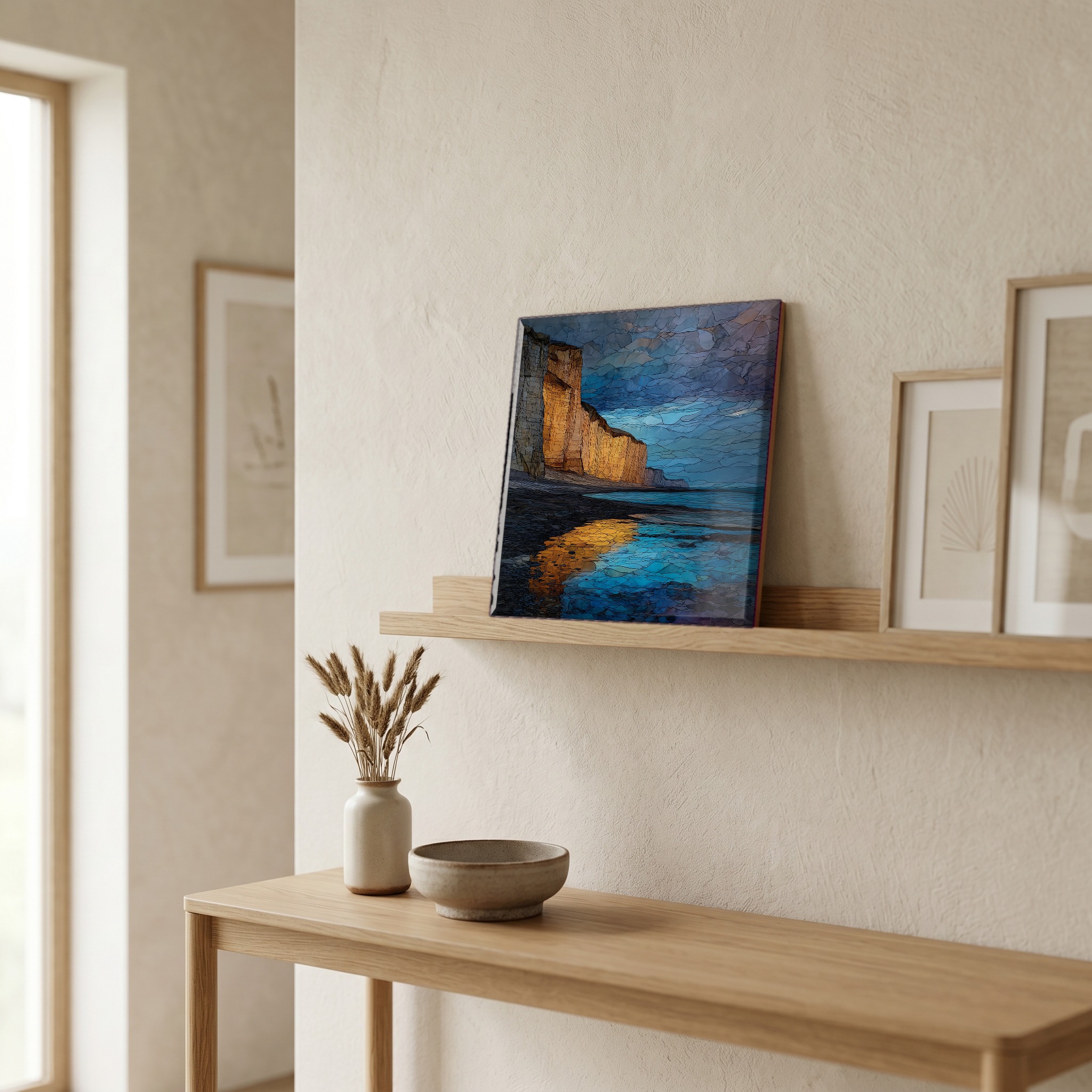 On a picture ledge, where the light comes in.