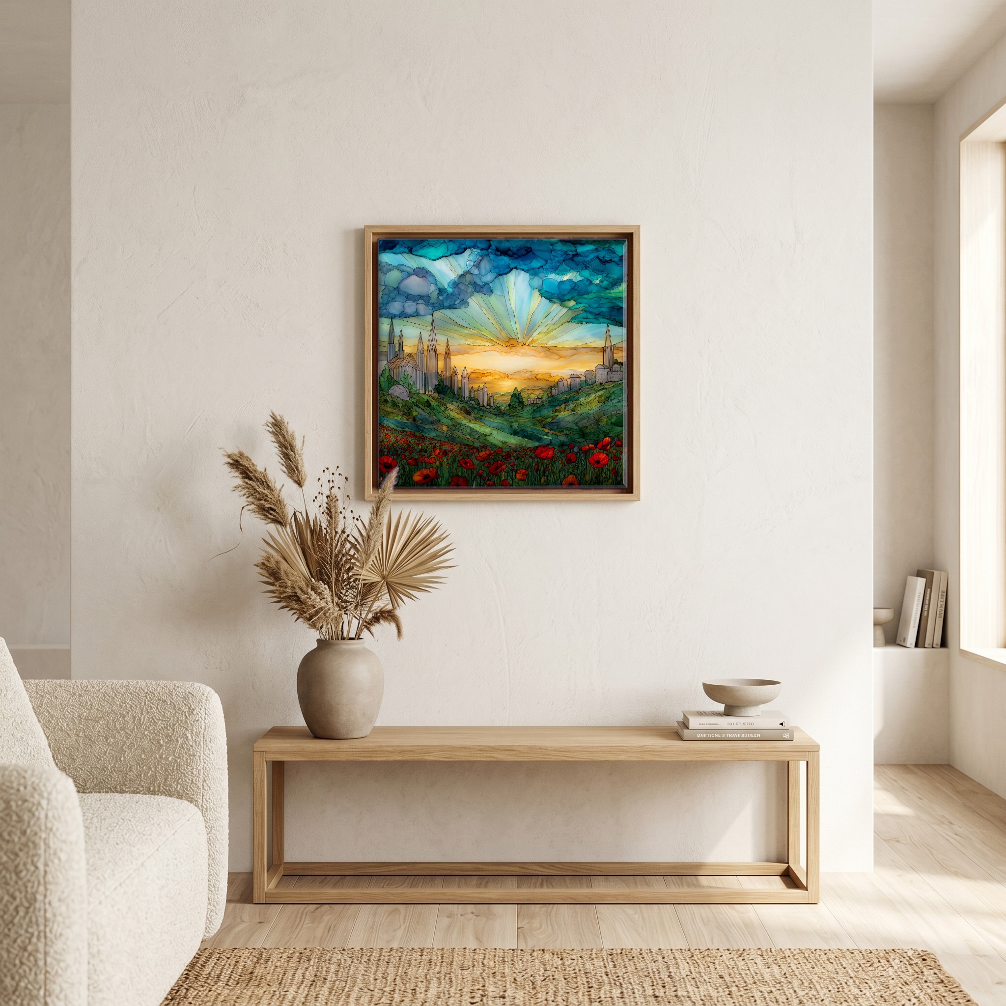 Above the bench, in a warm oak surround.