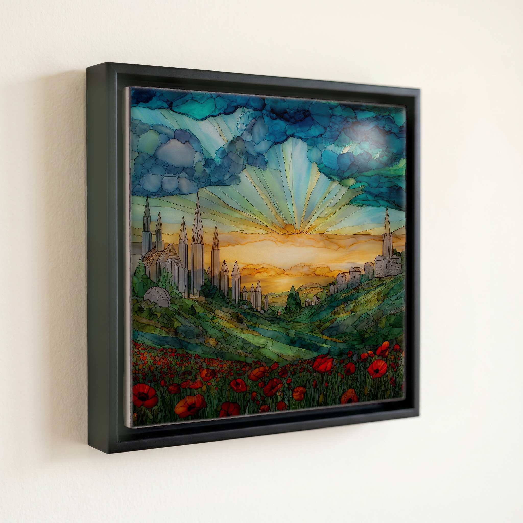shown in a slim black floating frame · 6 × 6 in