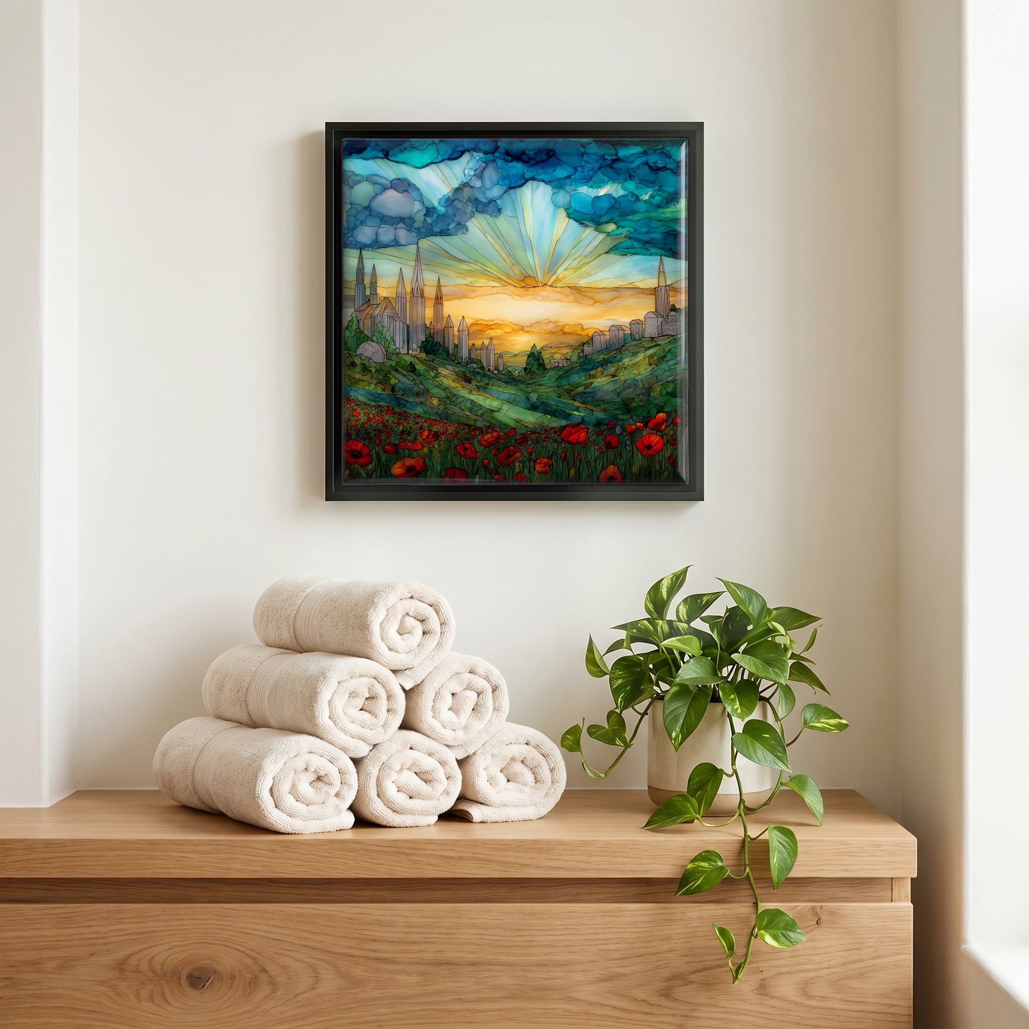 Above the linens, in a slim black surround.
