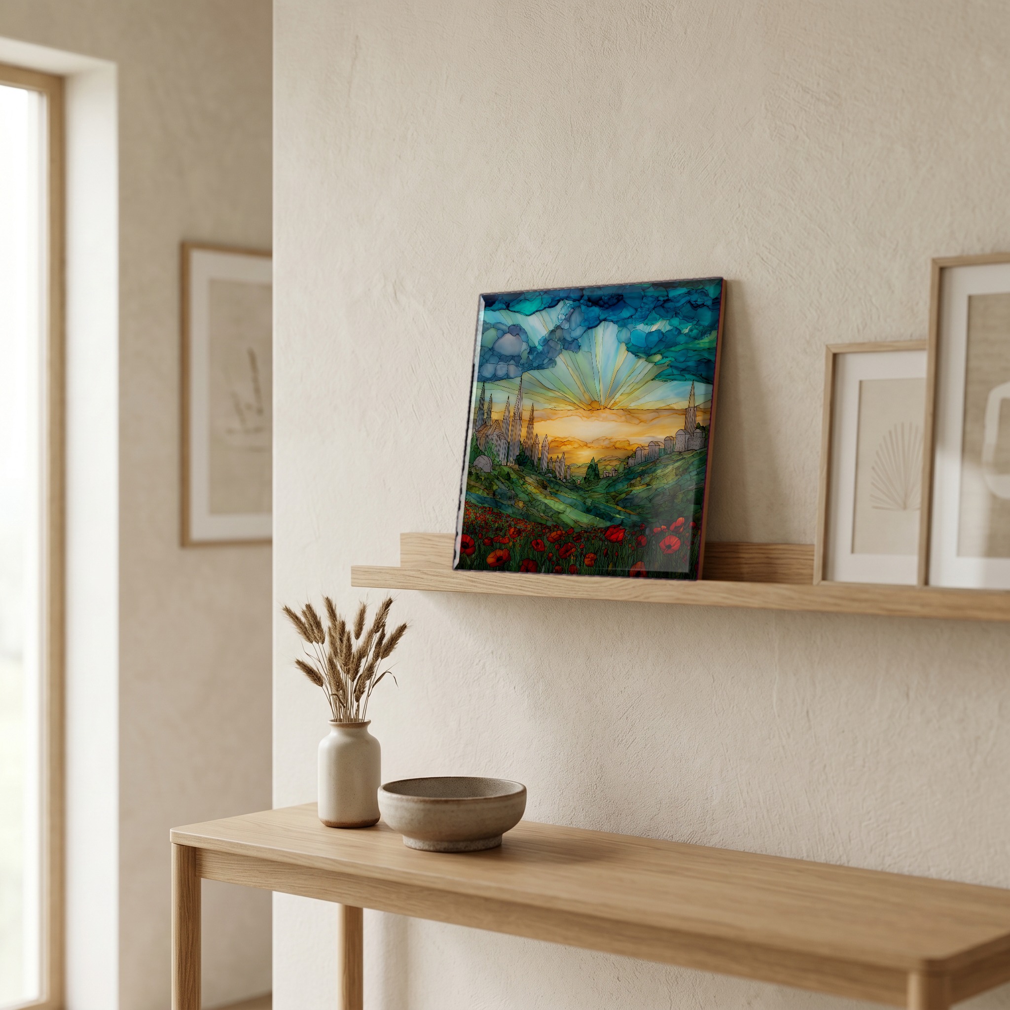 On a picture ledge, where the light comes in.