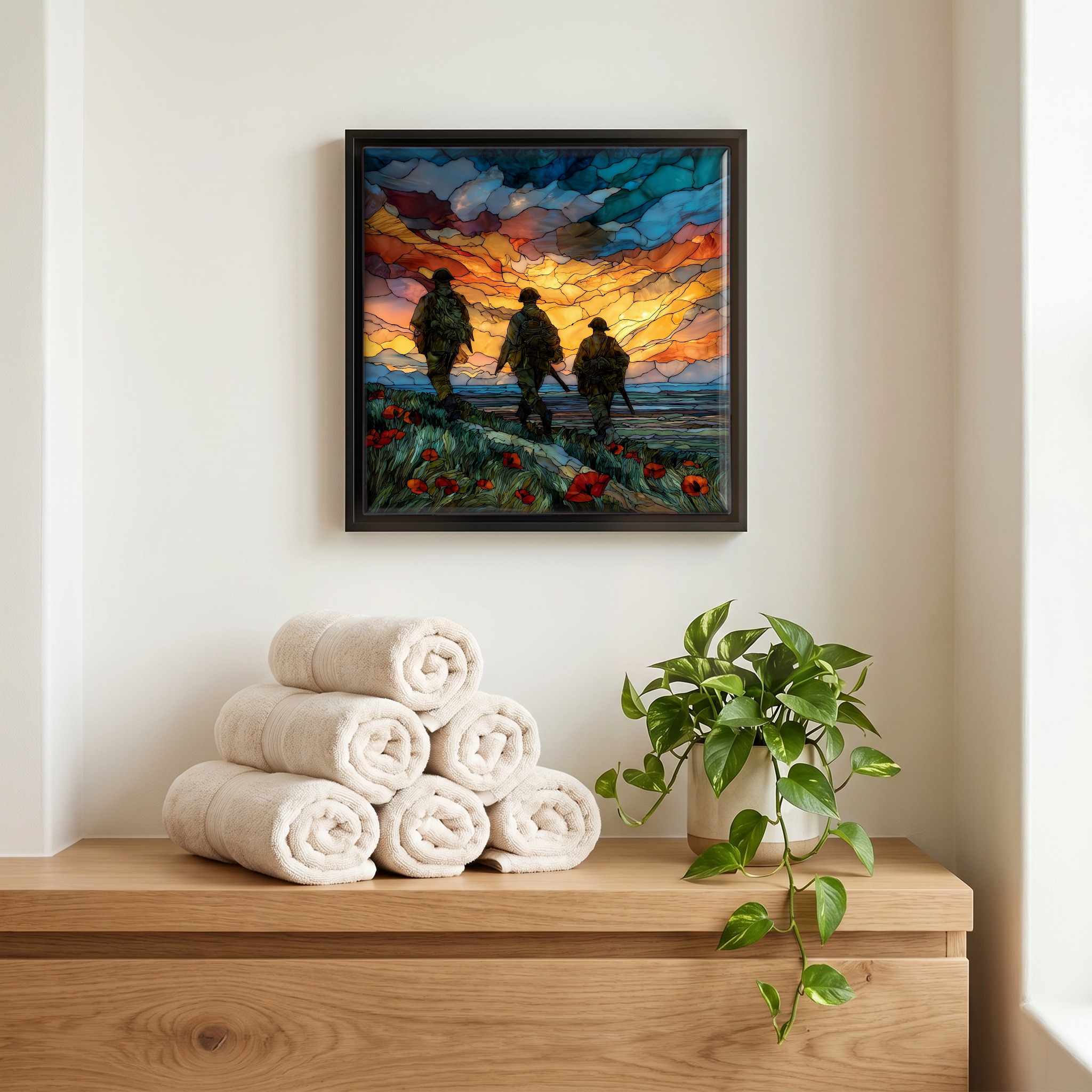 Above the linens, in a slim black surround.