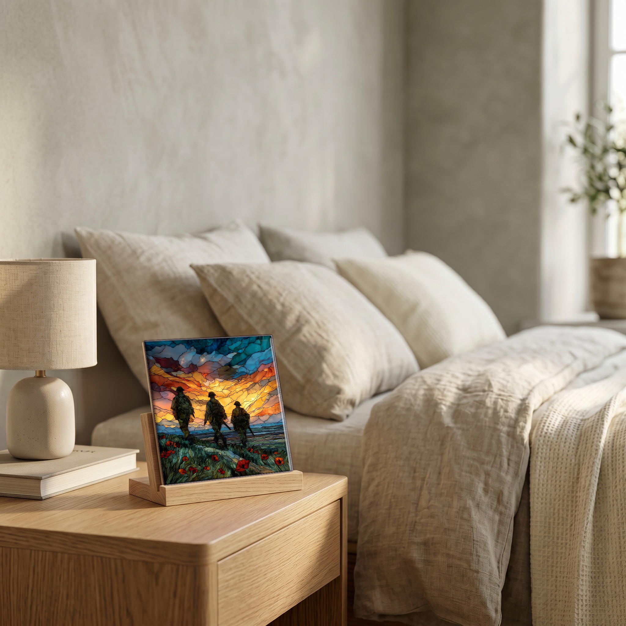 On the nightstand, on a light oak stand.