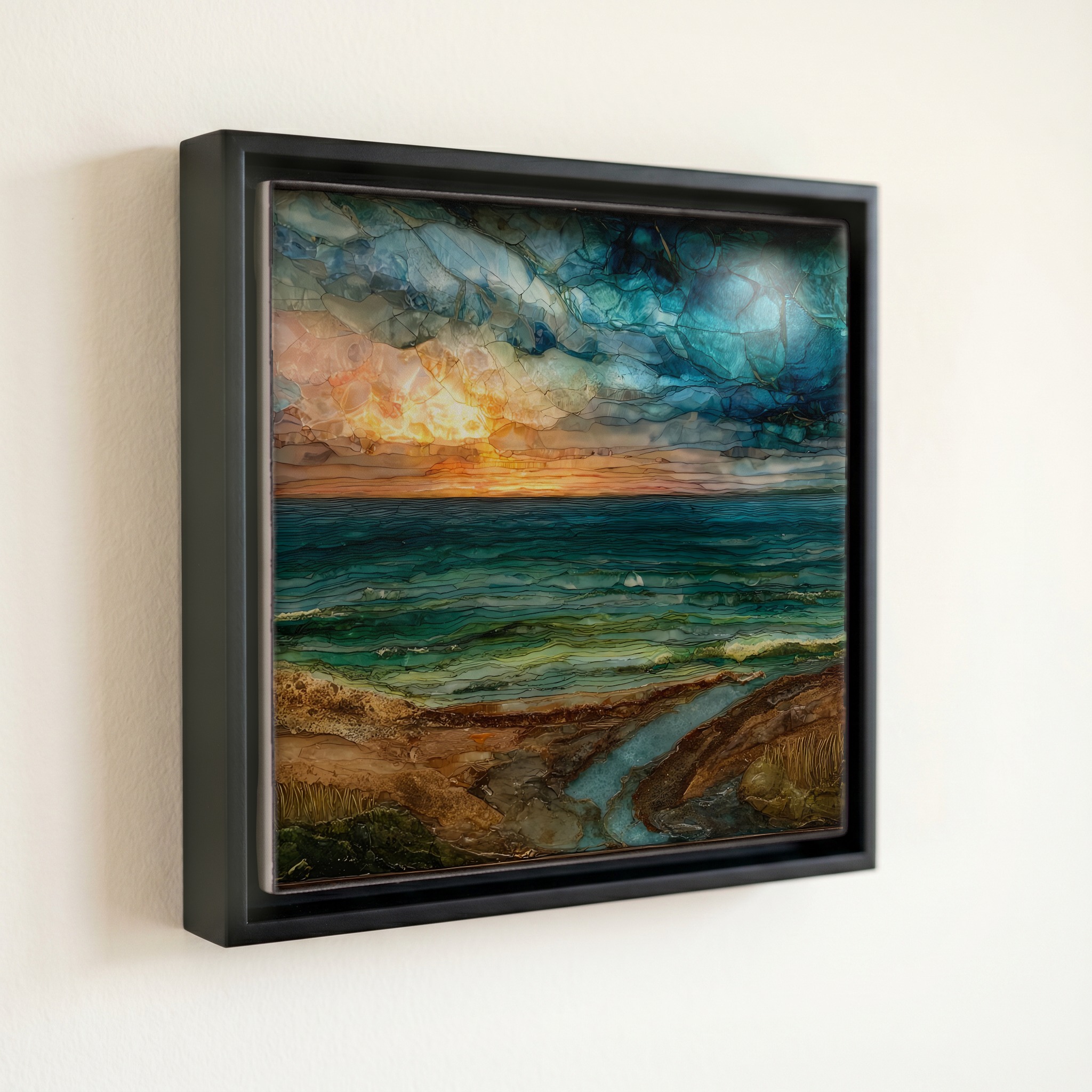 shown in a slim black floating frame · 6 × 6 in