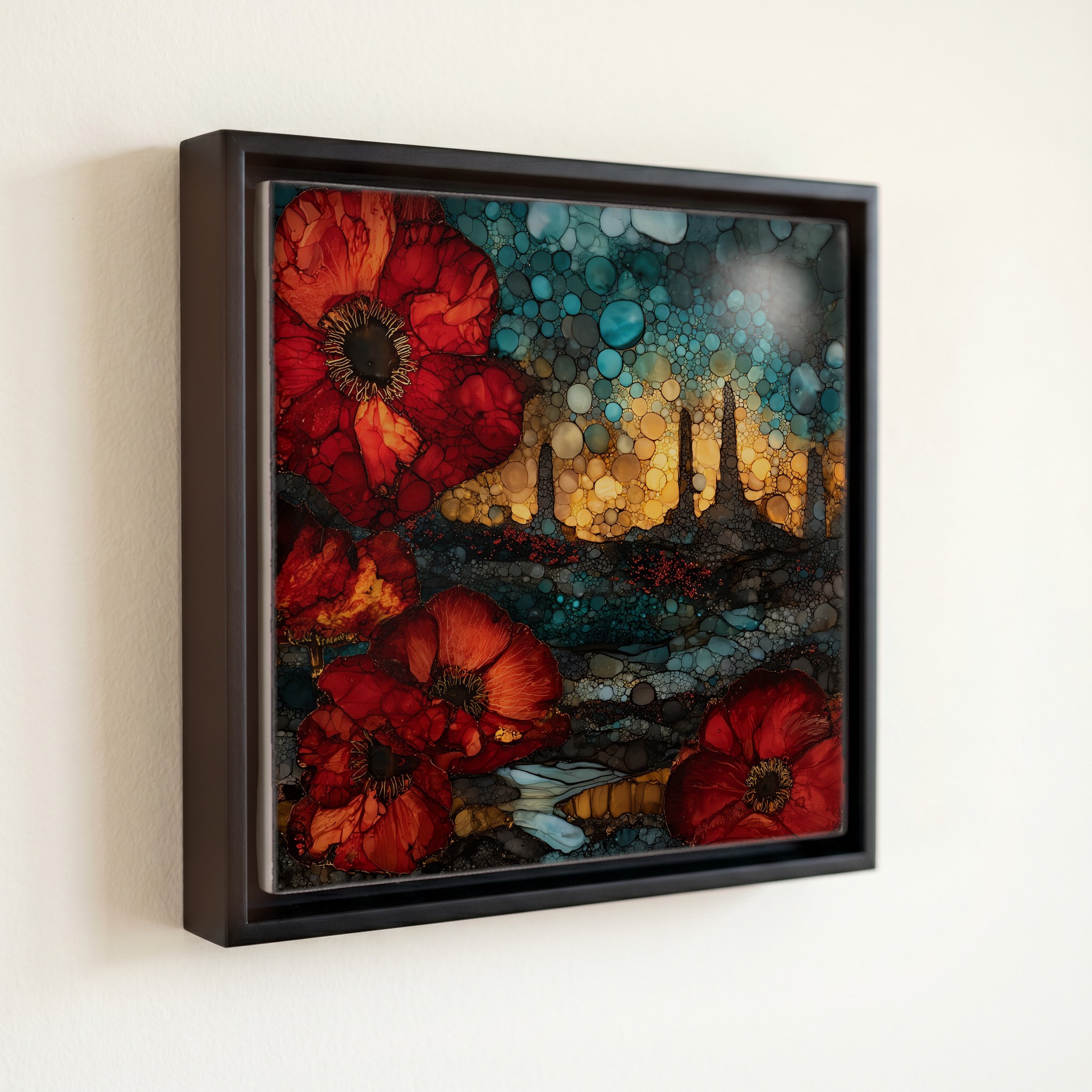 shown in a slim black floating frame · 6 × 6 in