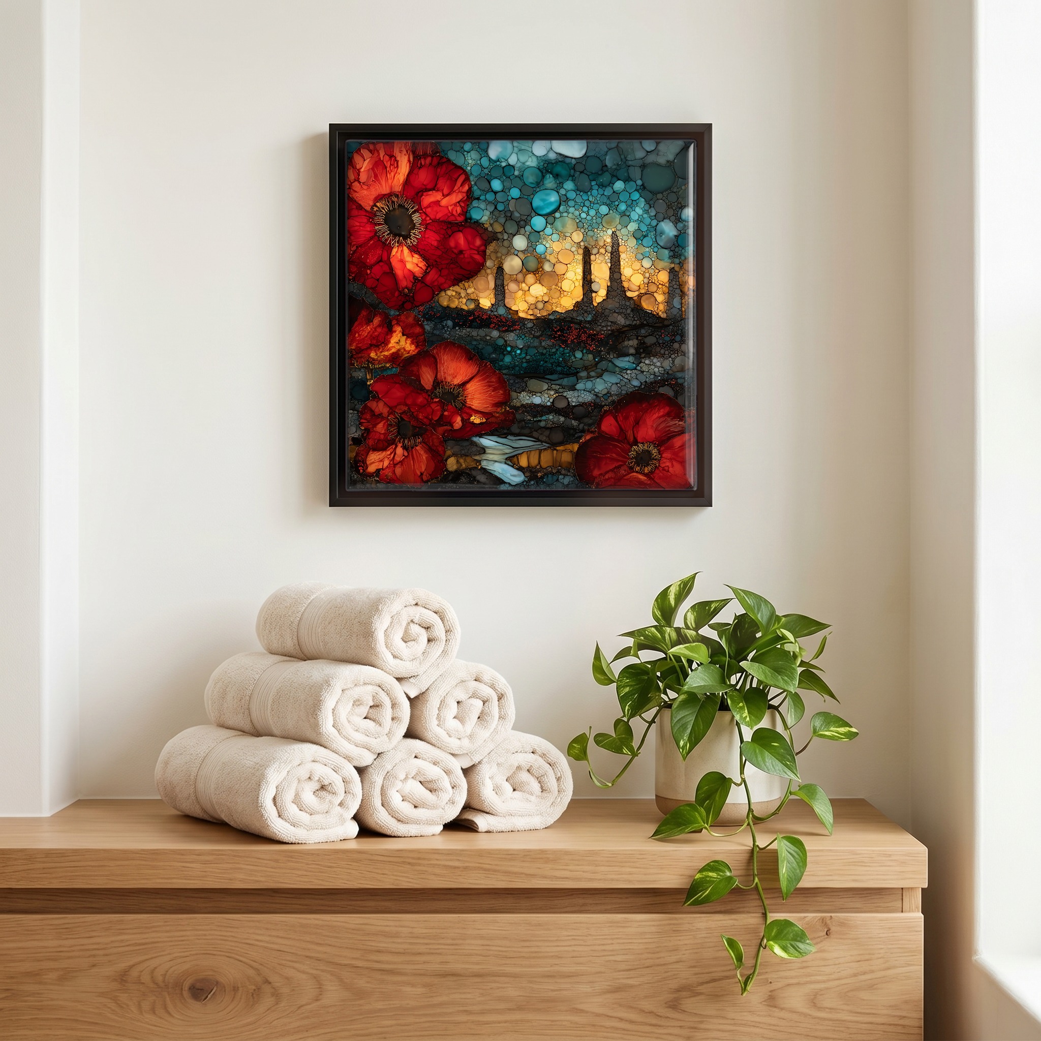 Above the linens, in a slim black surround.