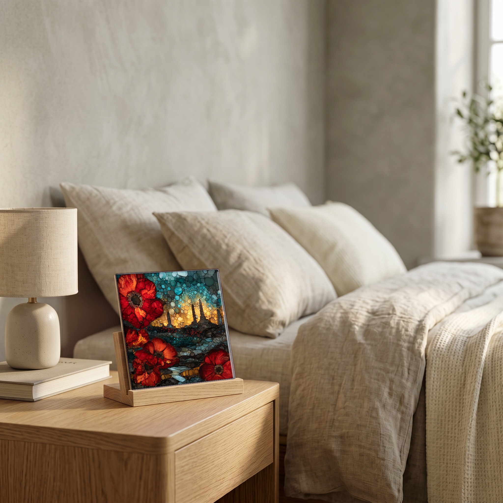 On the nightstand, on a light oak stand.