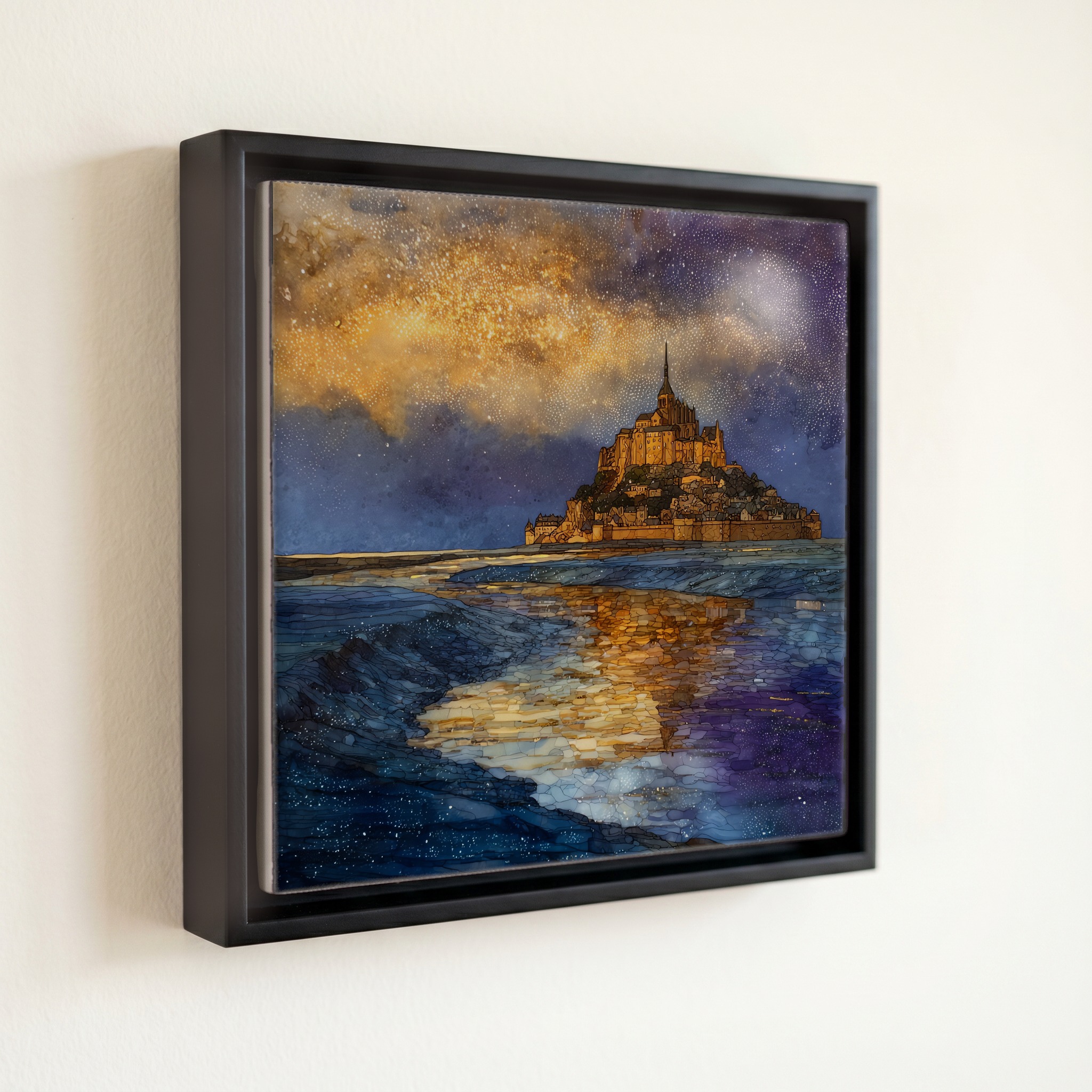 shown in a slim black floating frame · 6 × 6 in