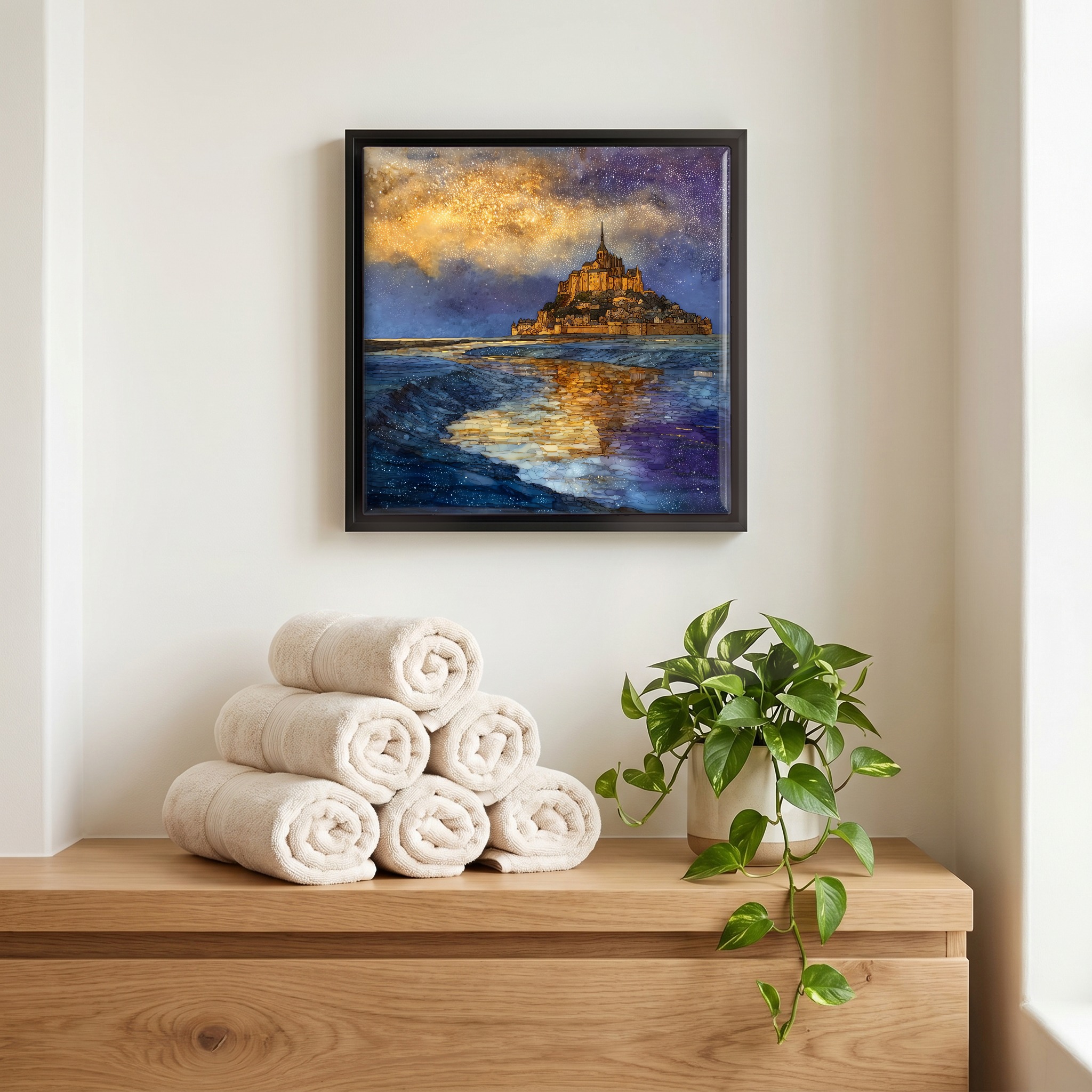 Above the linens, in a slim black surround.
