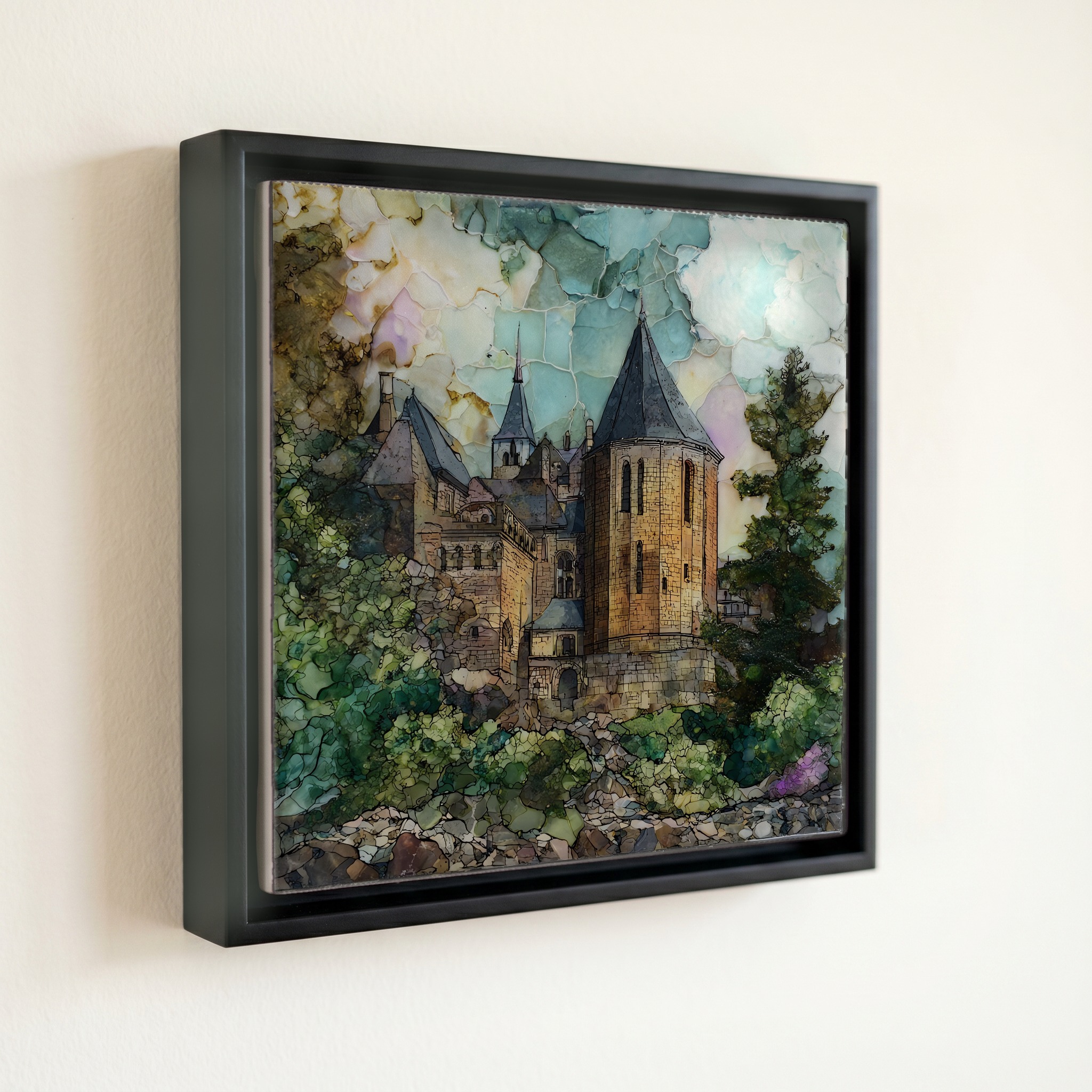 shown in a slim black floating frame · 6 × 6 in
