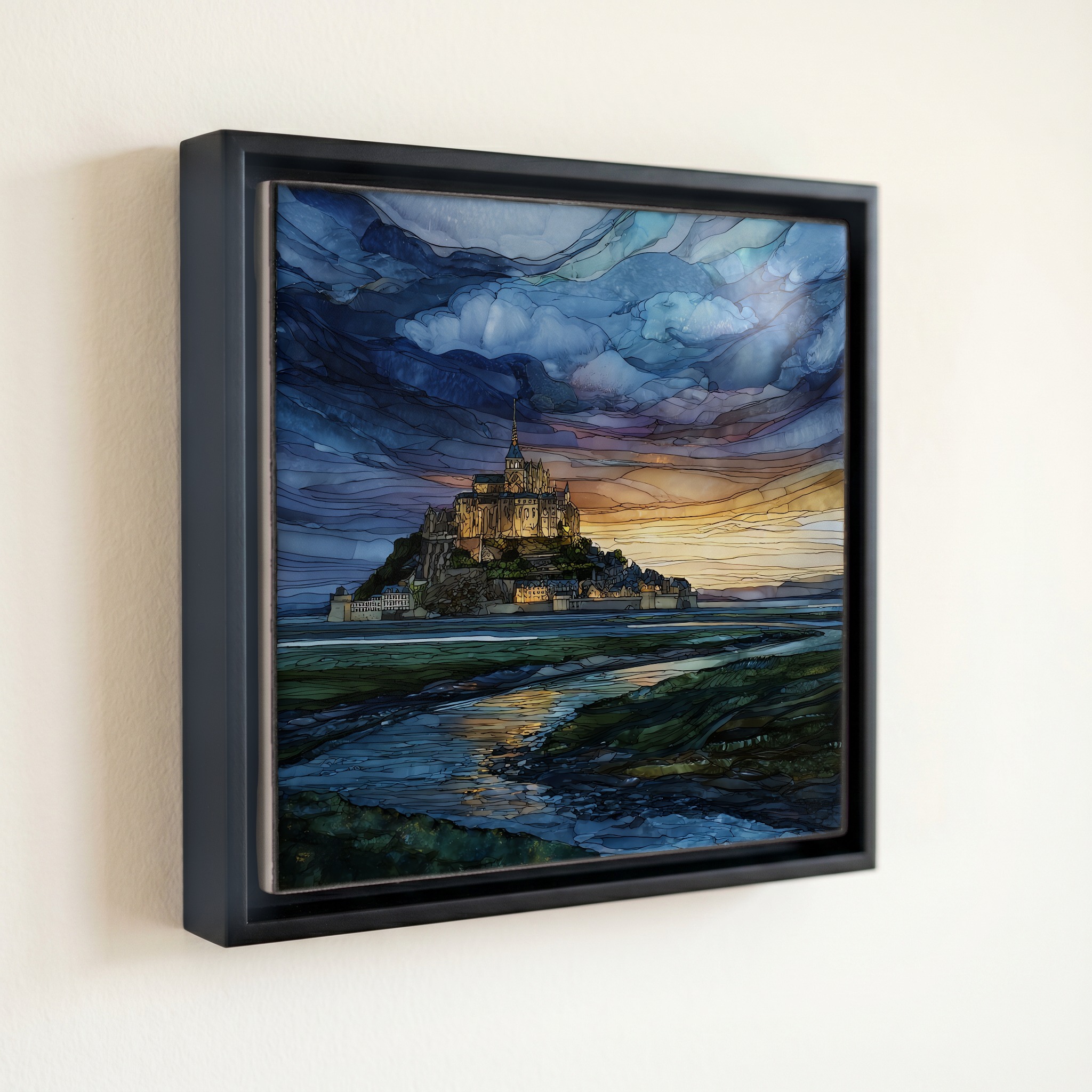 shown in a slim black floating frame · 6 × 6 in
