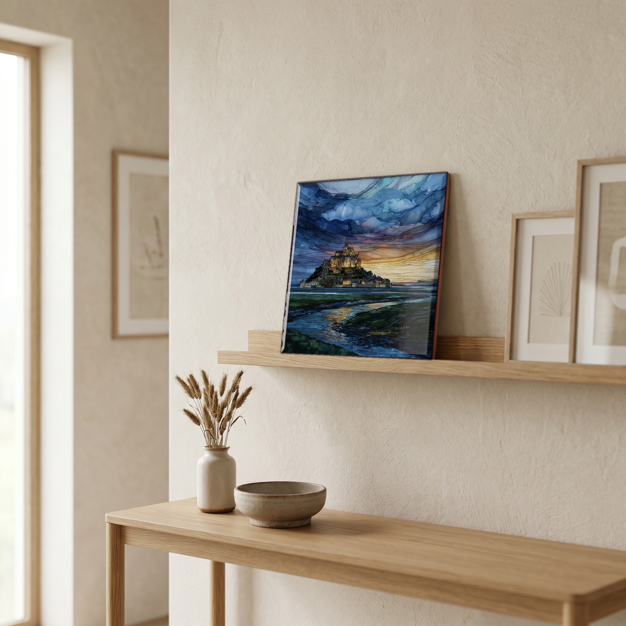 On a picture ledge, where the light comes in.