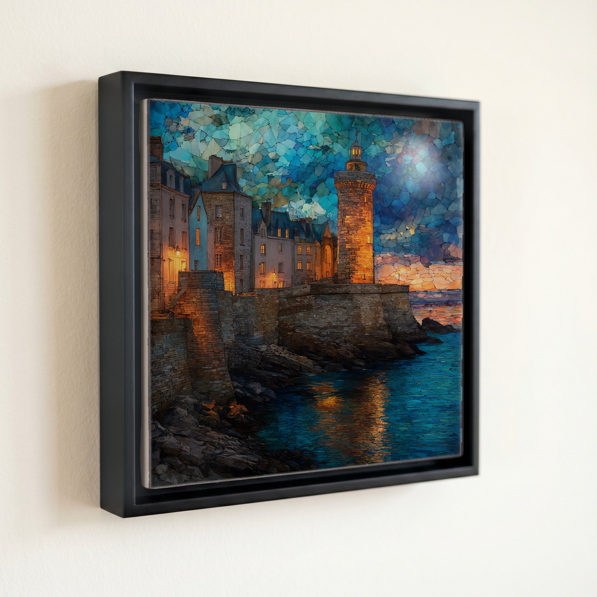 shown in a slim black floating frame · 6 × 6 in