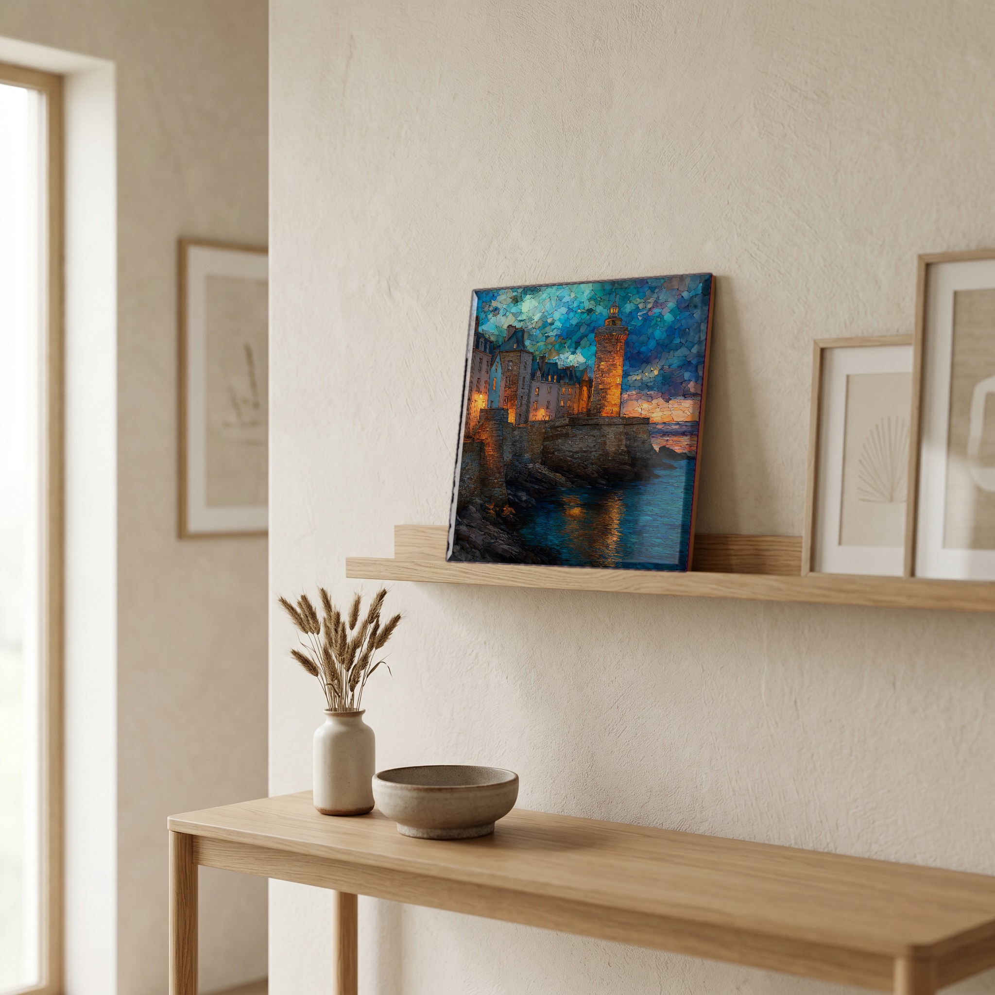On a picture ledge, where the light comes in.