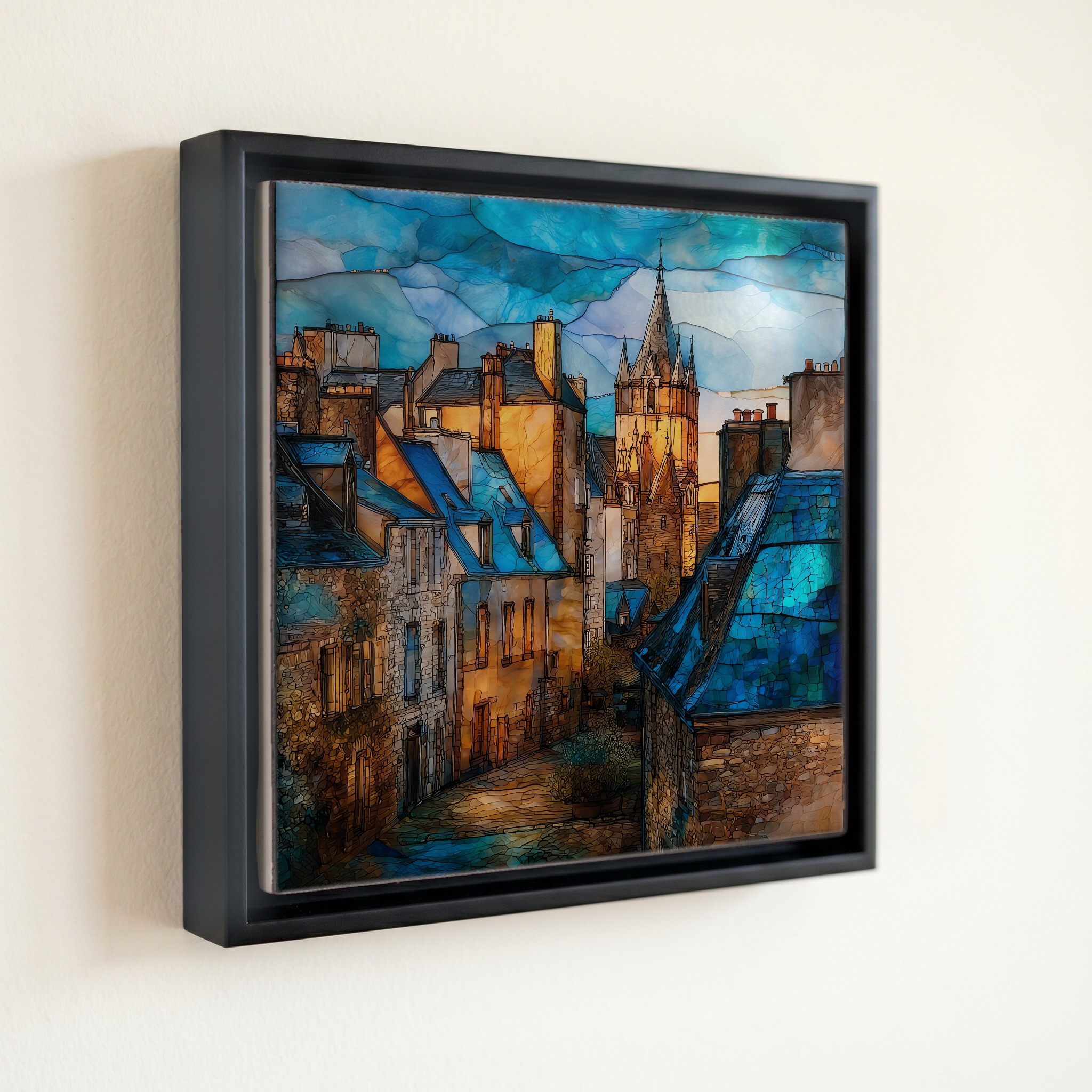 shown in a slim black floating frame · 6 × 6 in