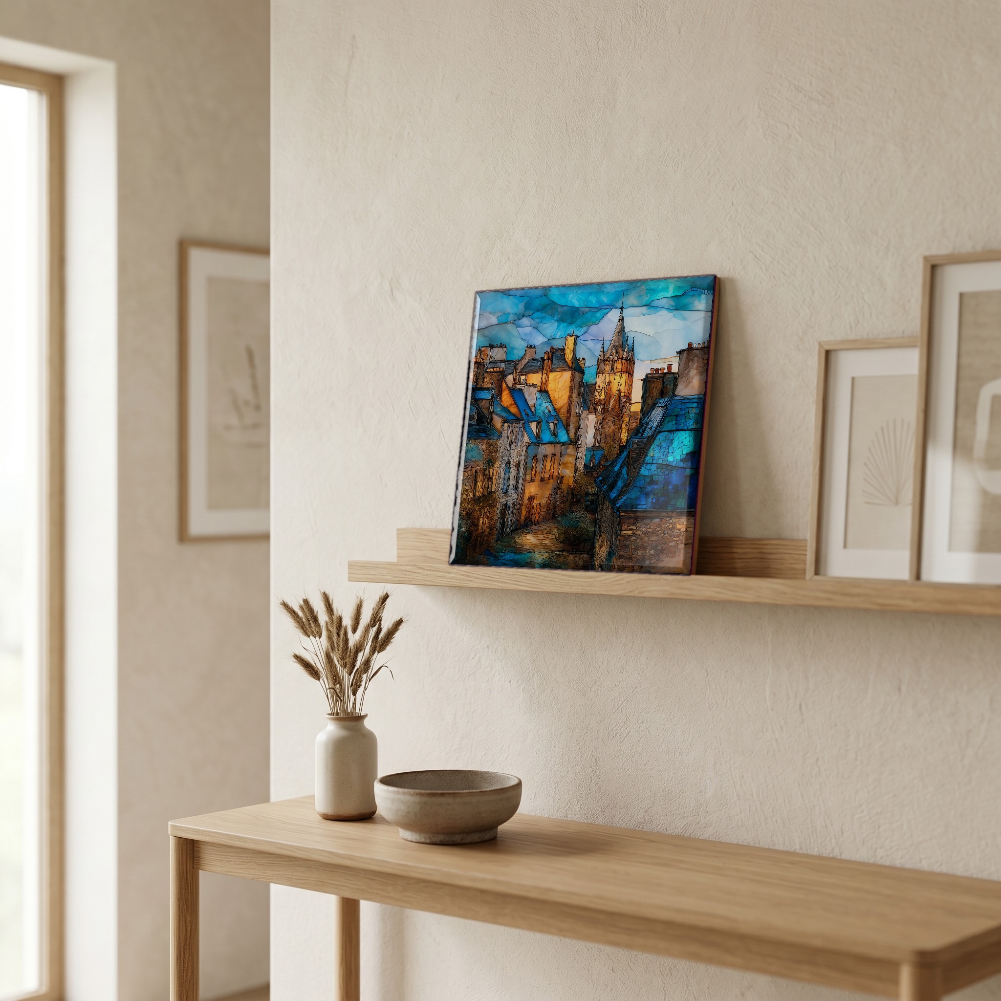On a picture ledge, where the light comes in.