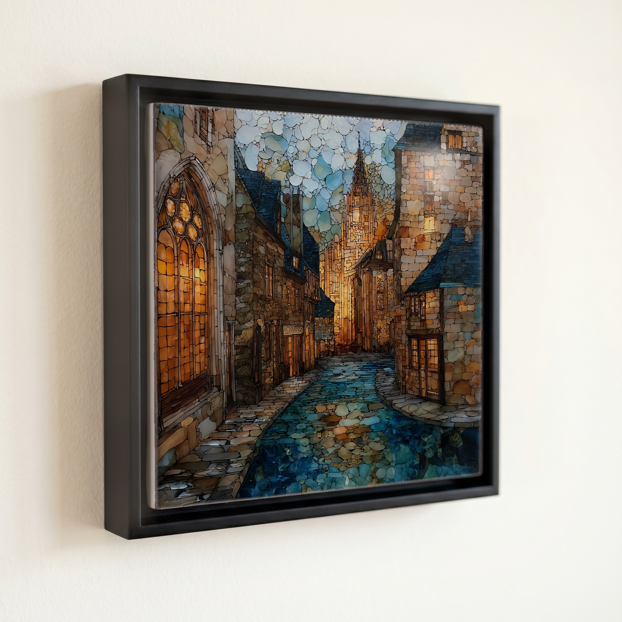shown in a slim black floating frame · 6 × 6 in