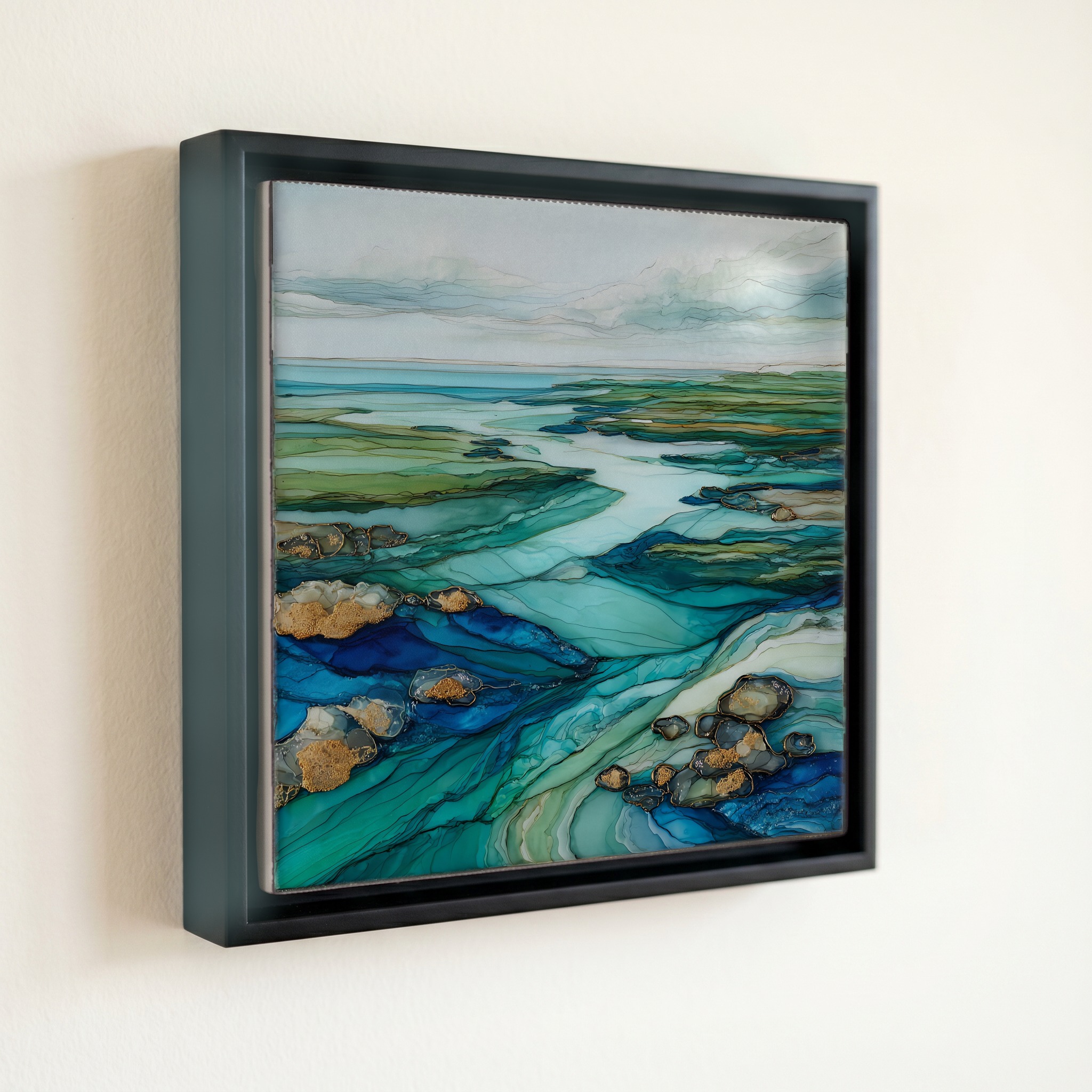 shown in a slim black floating frame · 6 × 6 in