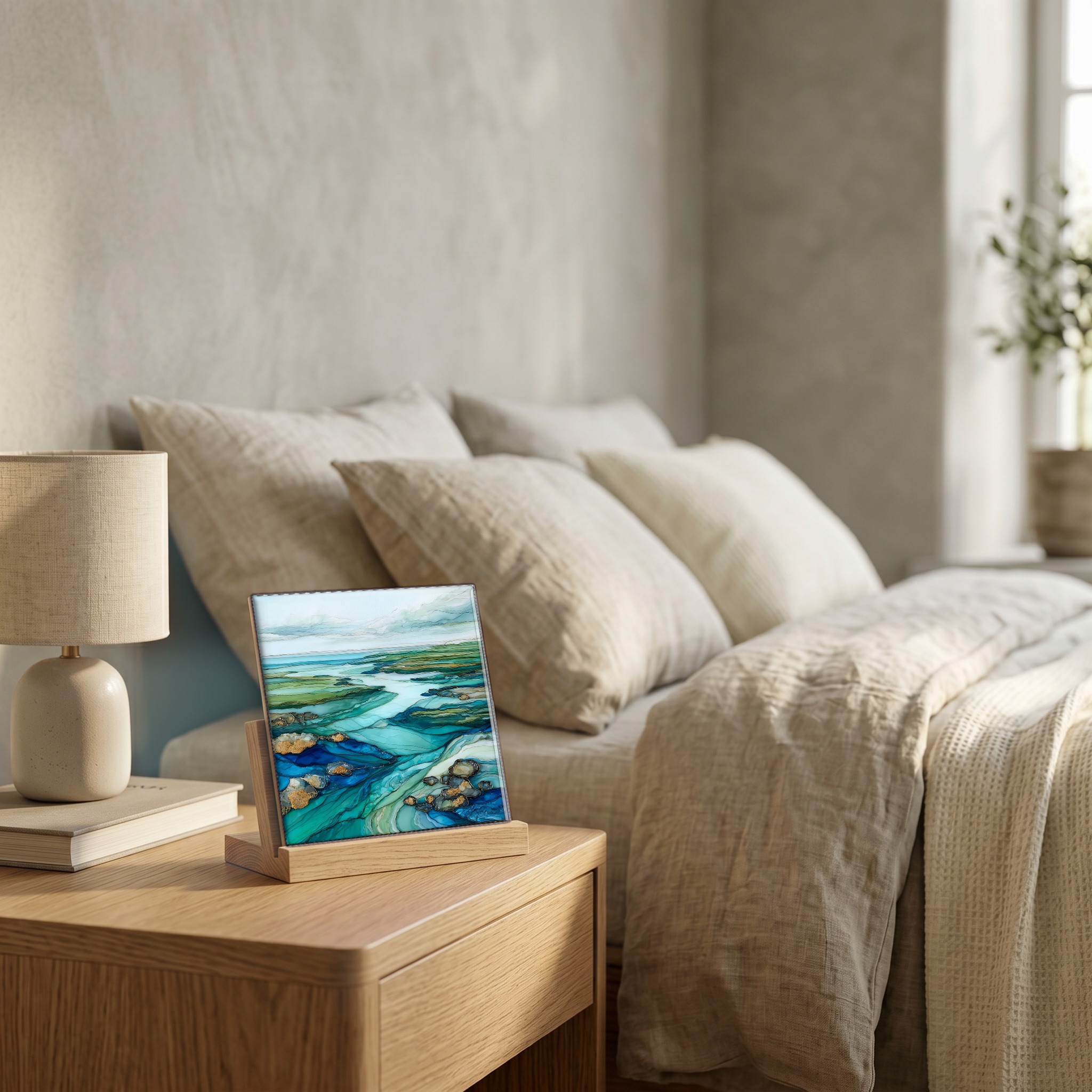 On the nightstand, on a light oak stand.
