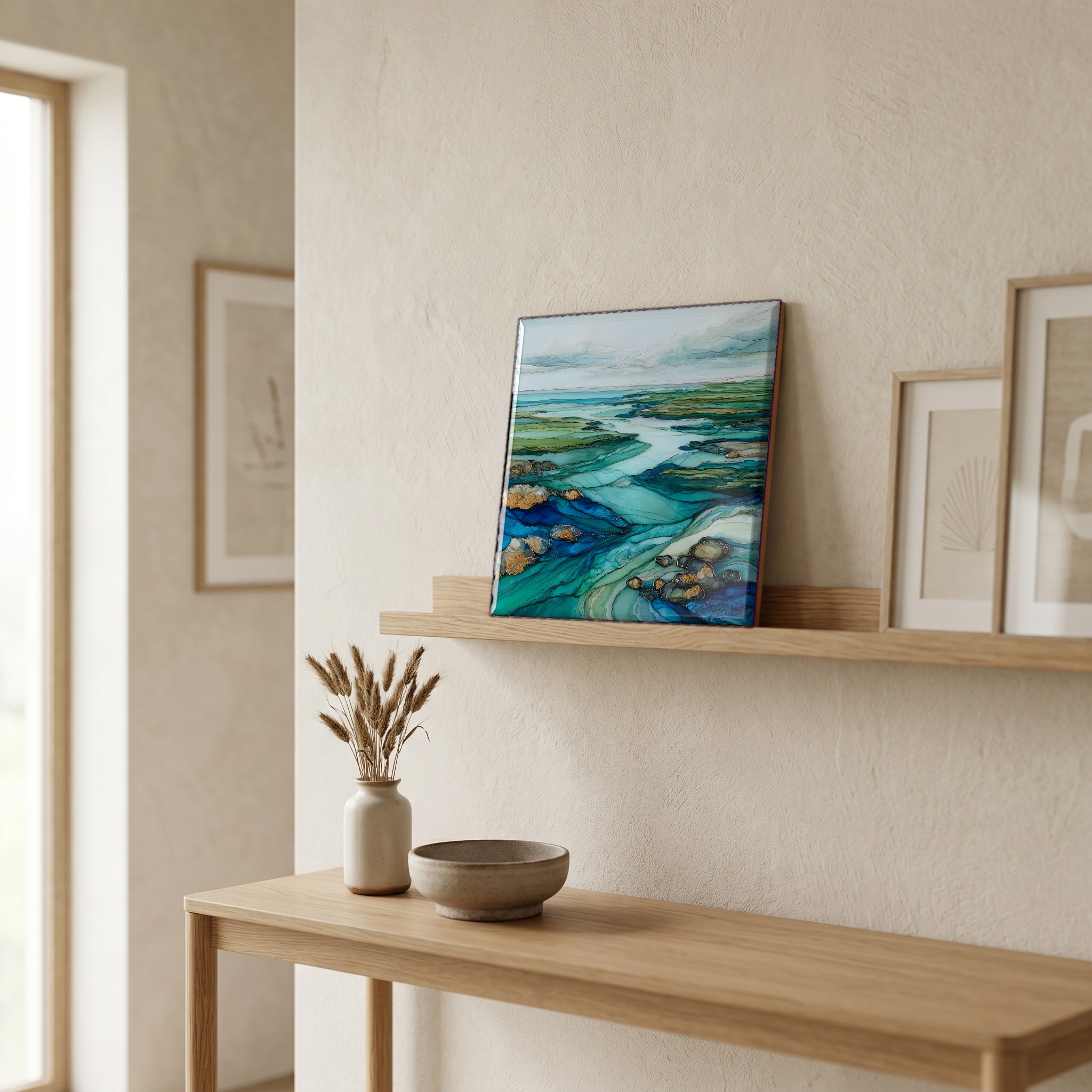 On a picture ledge, where the light comes in.