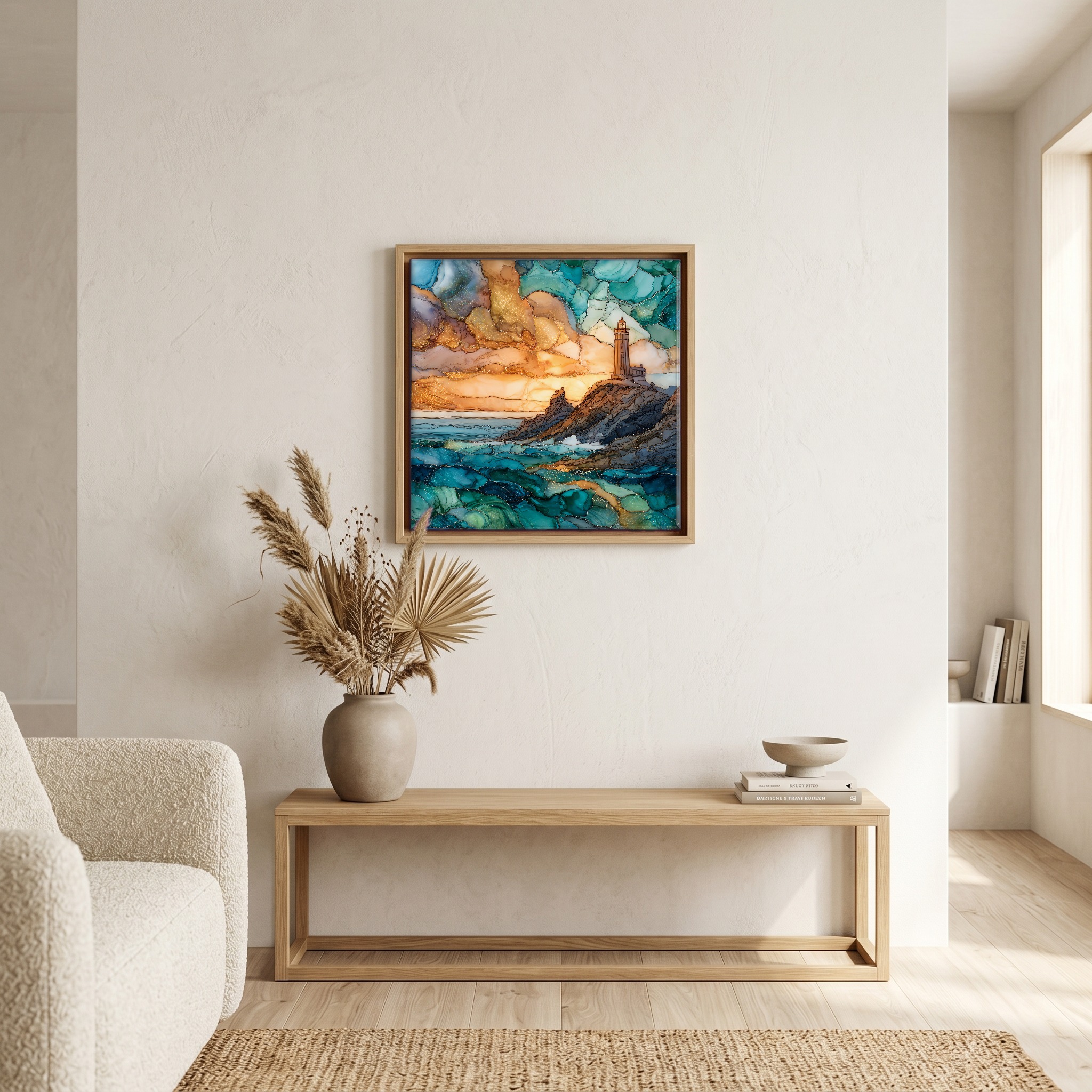 Above the bench, in a warm oak surround.