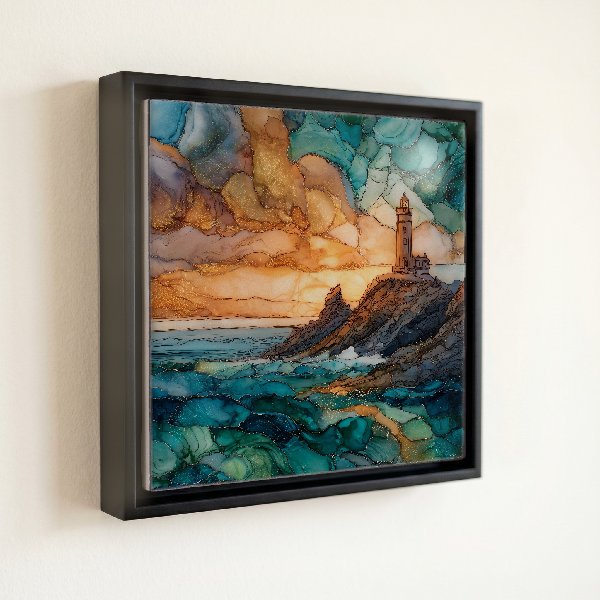 shown in a slim black floating frame · 6 × 6 in