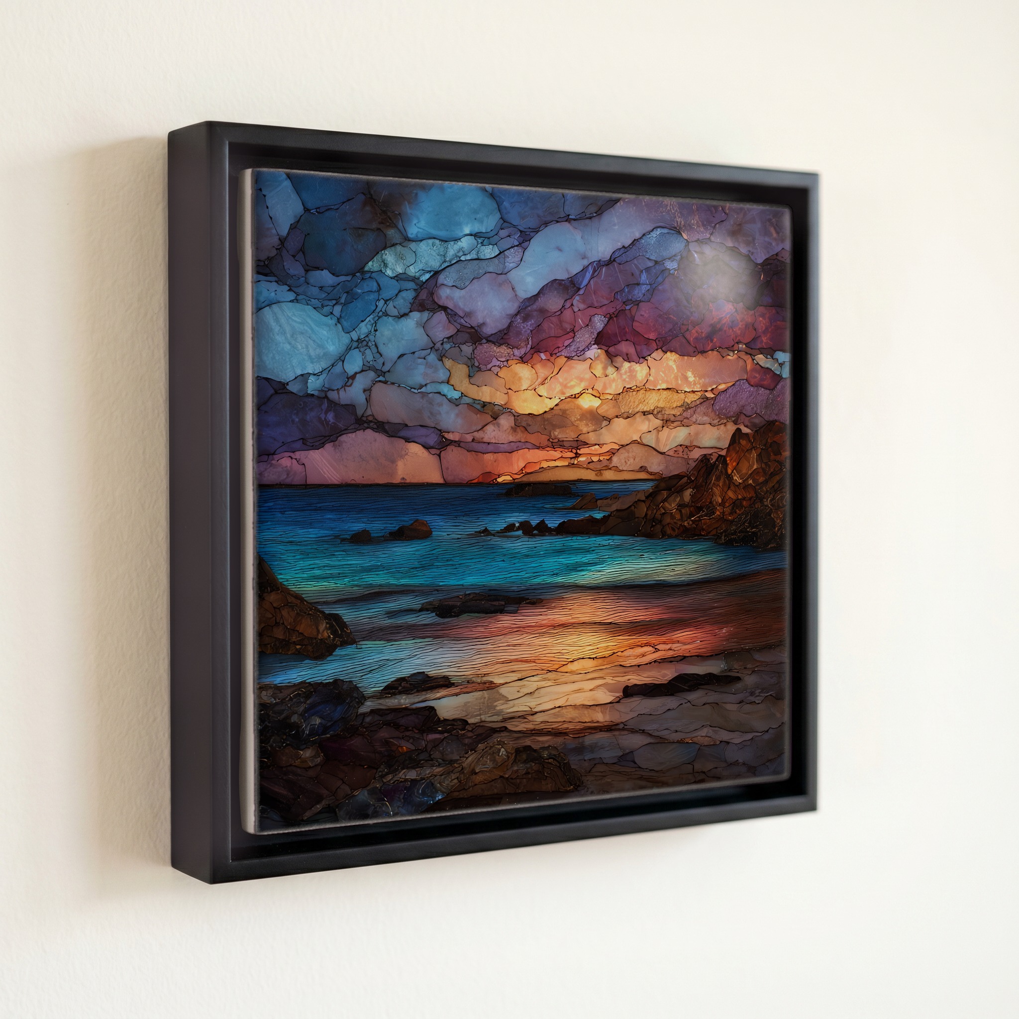 shown in a slim black floating frame · 6 × 6 in