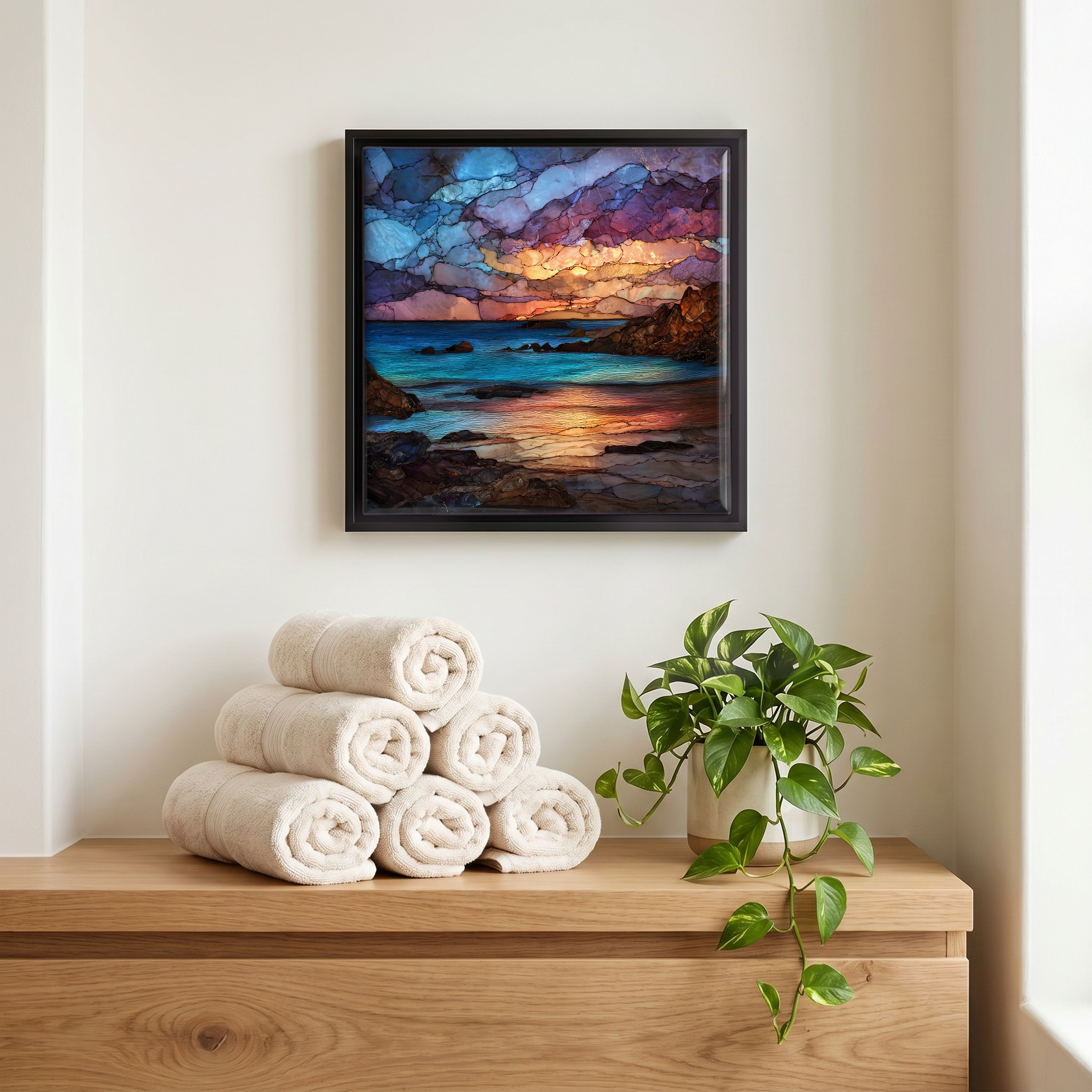 Above the linens, in a slim black surround.