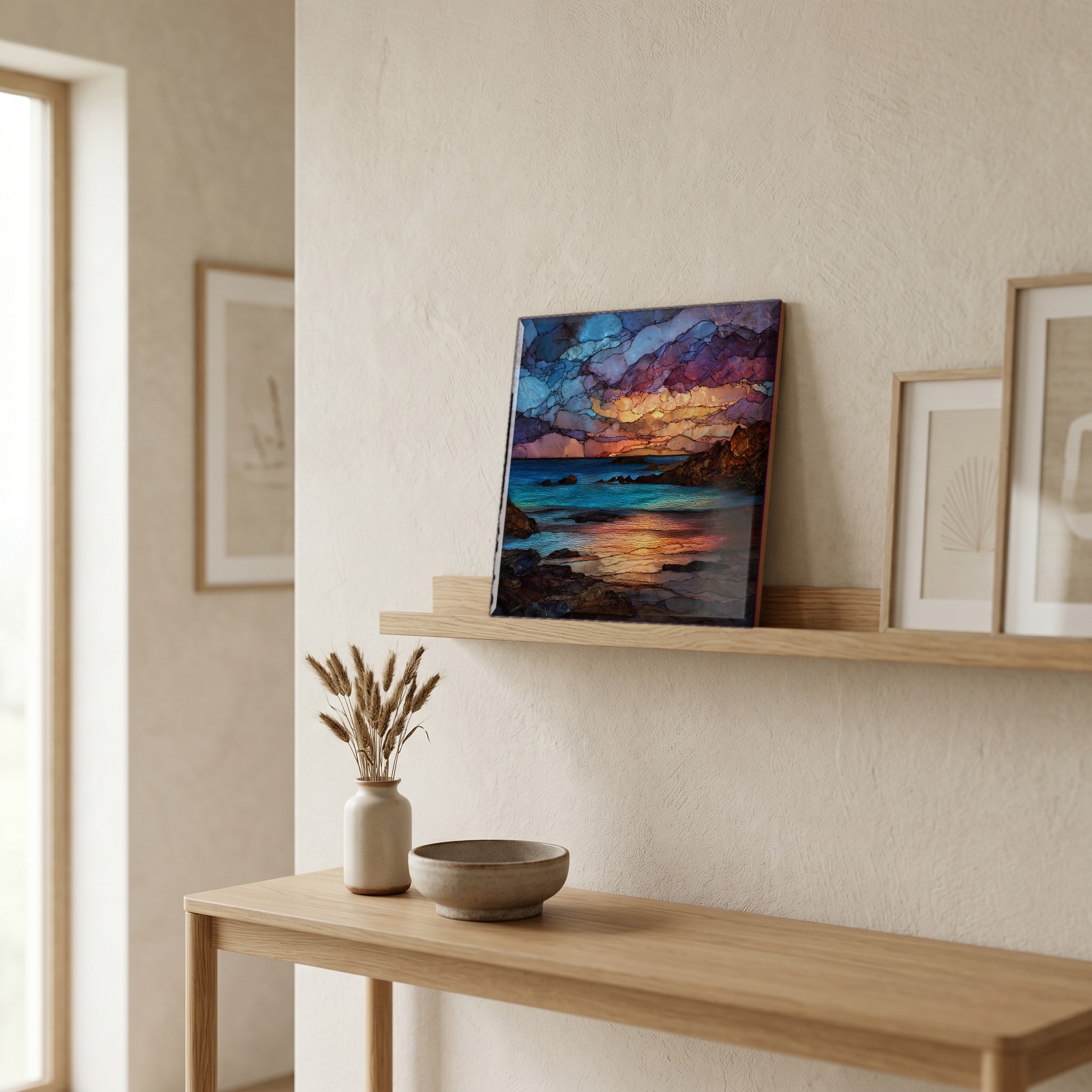 On a picture ledge, where the light comes in.