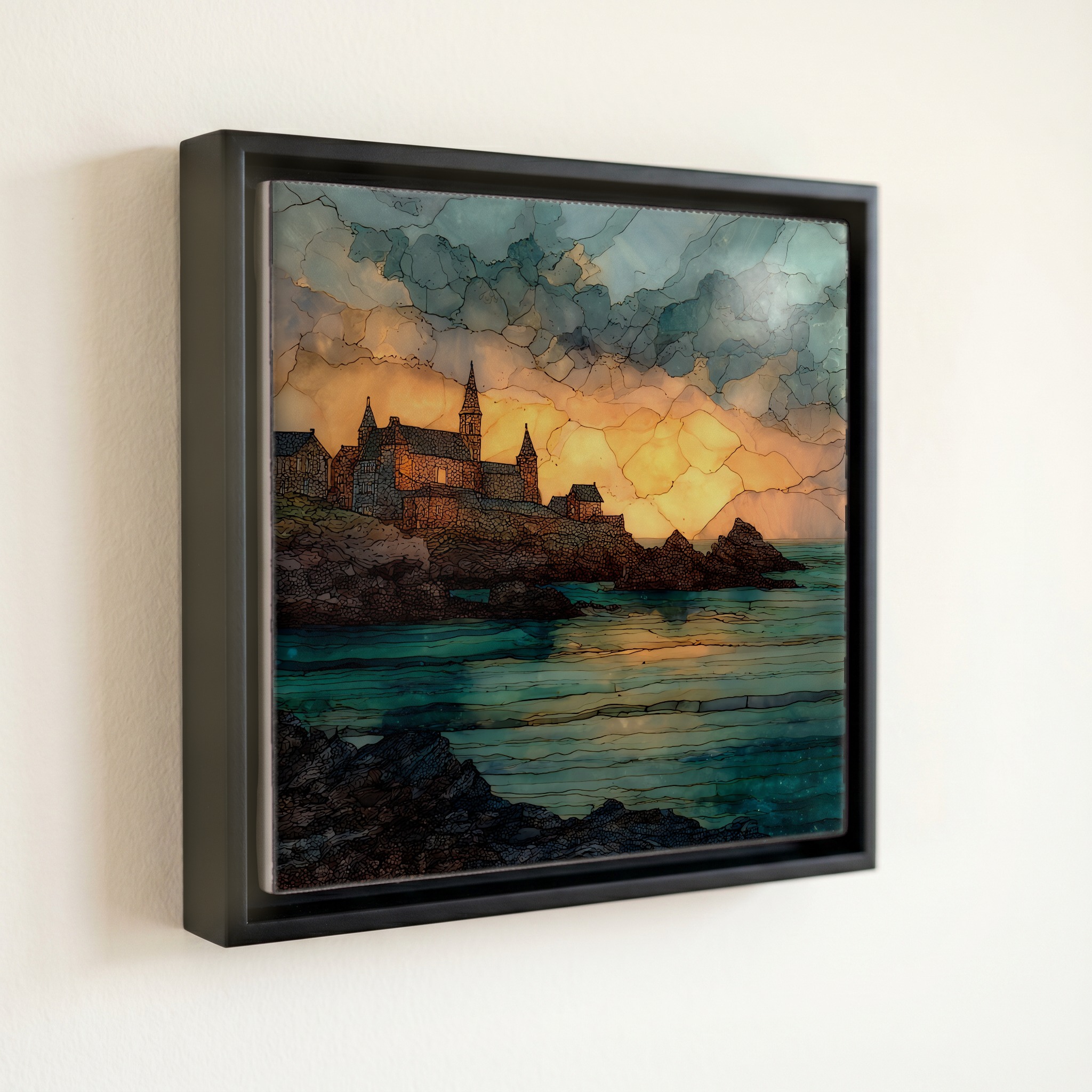 shown in a slim black floating frame · 6 × 6 in