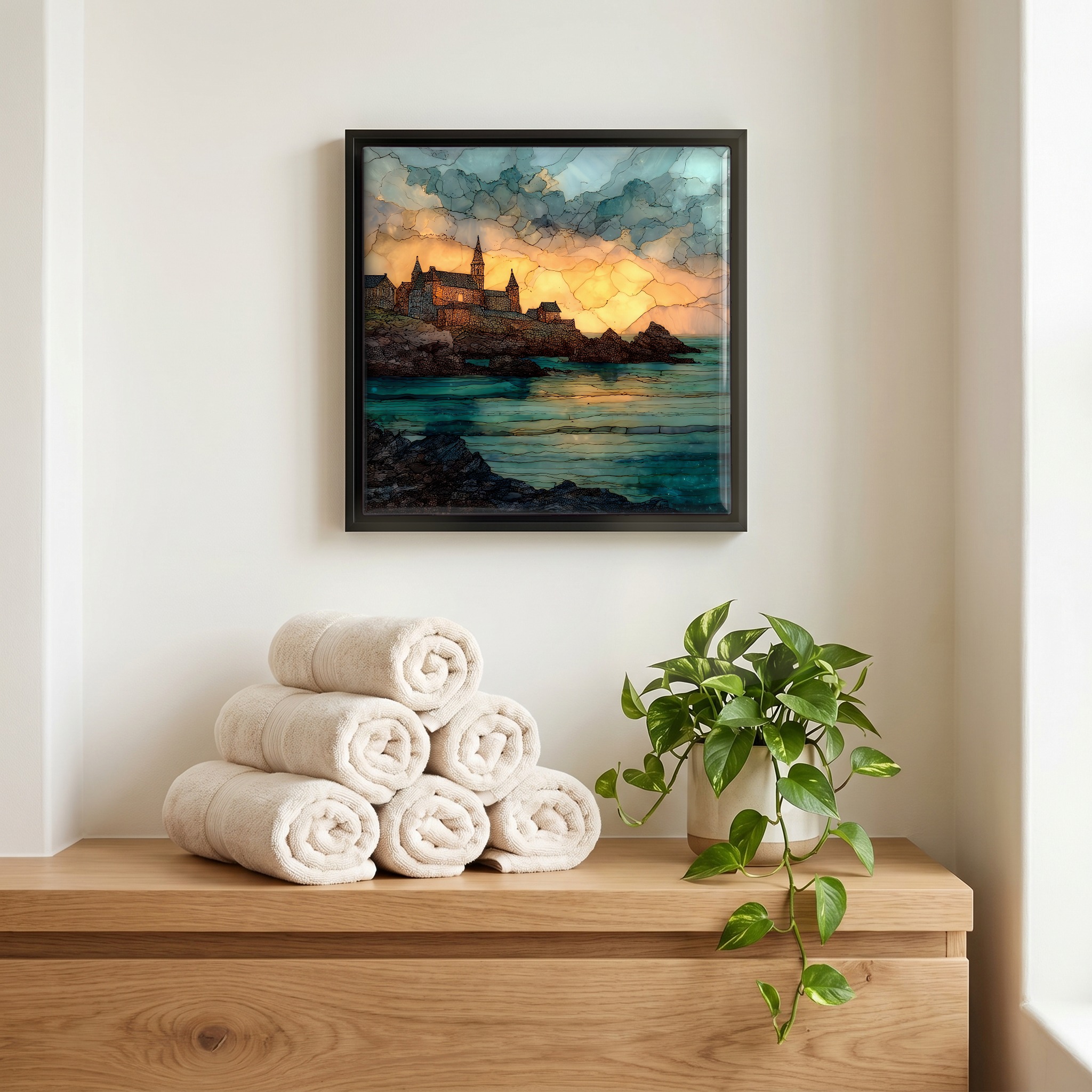 Above the linens, in a slim black surround.