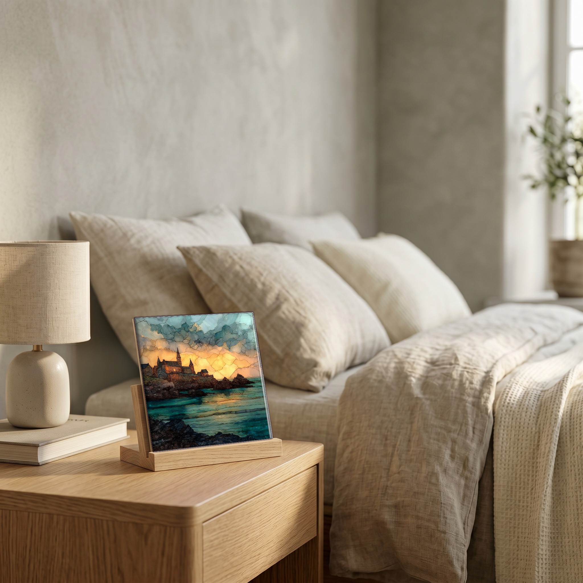 On the nightstand, on a light oak stand.