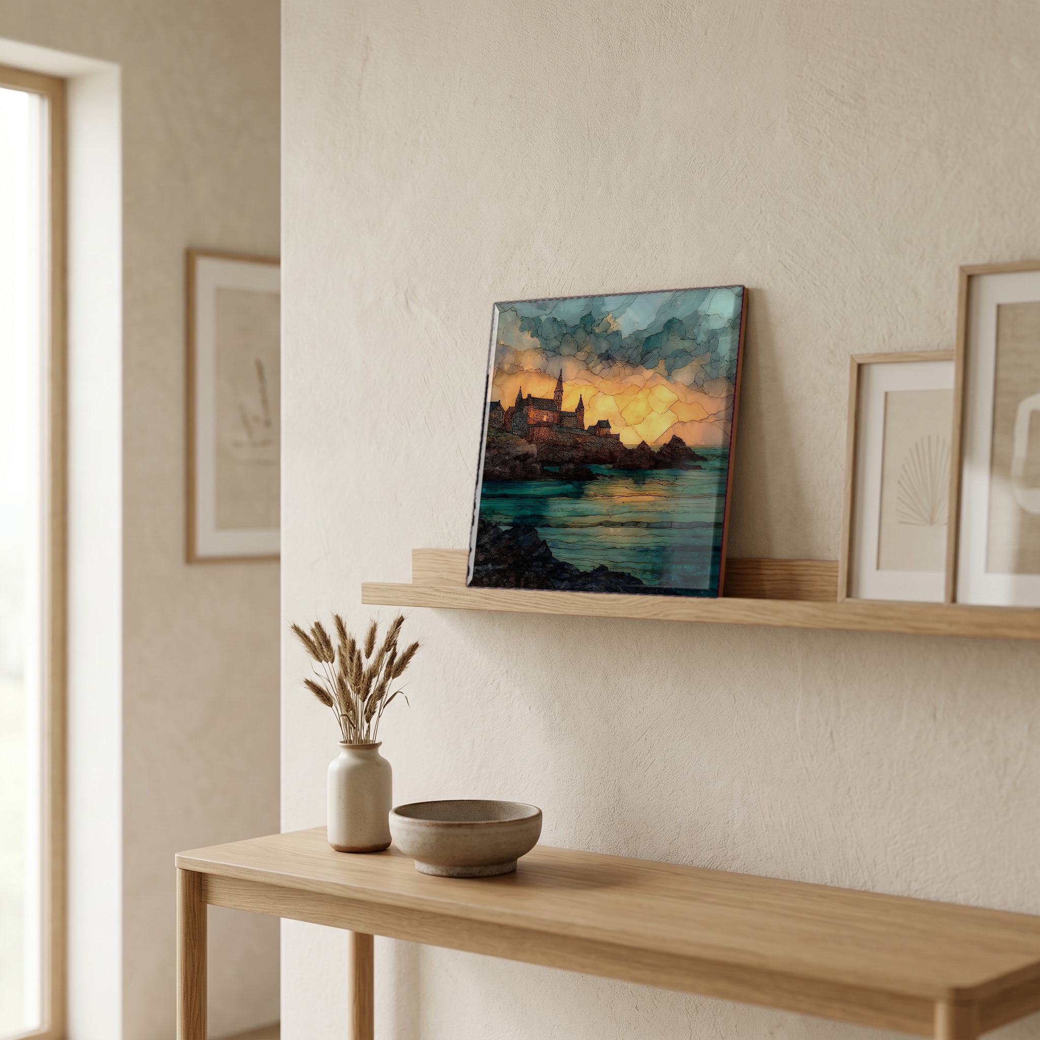 On a picture ledge, where the light comes in.
