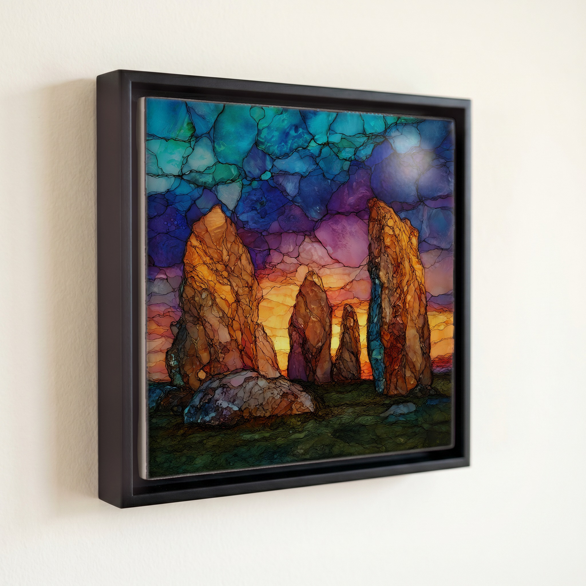 shown in a slim black floating frame · 6 × 6 in