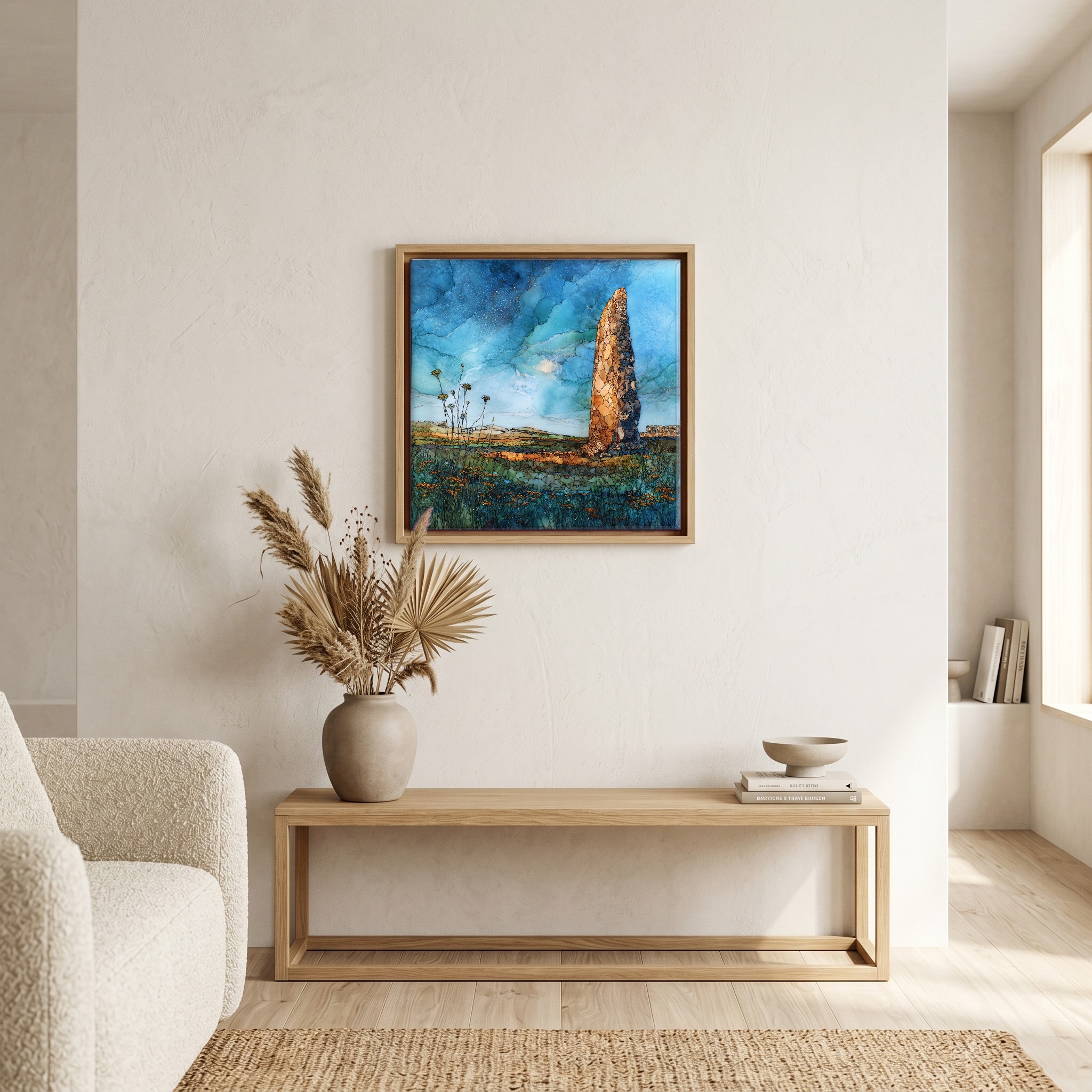 Above the bench, in a warm oak surround.