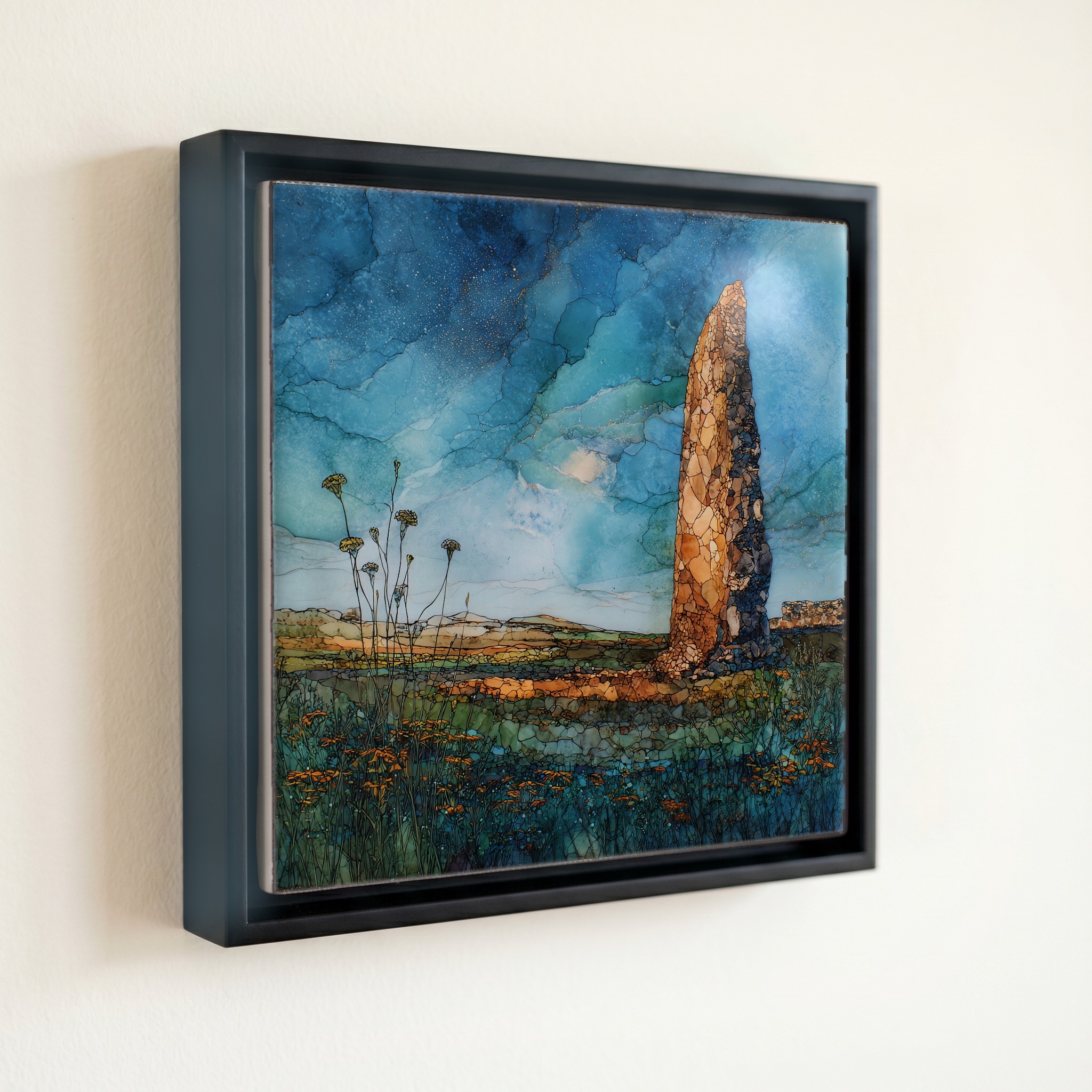 shown in a slim black floating frame · 6 × 6 in