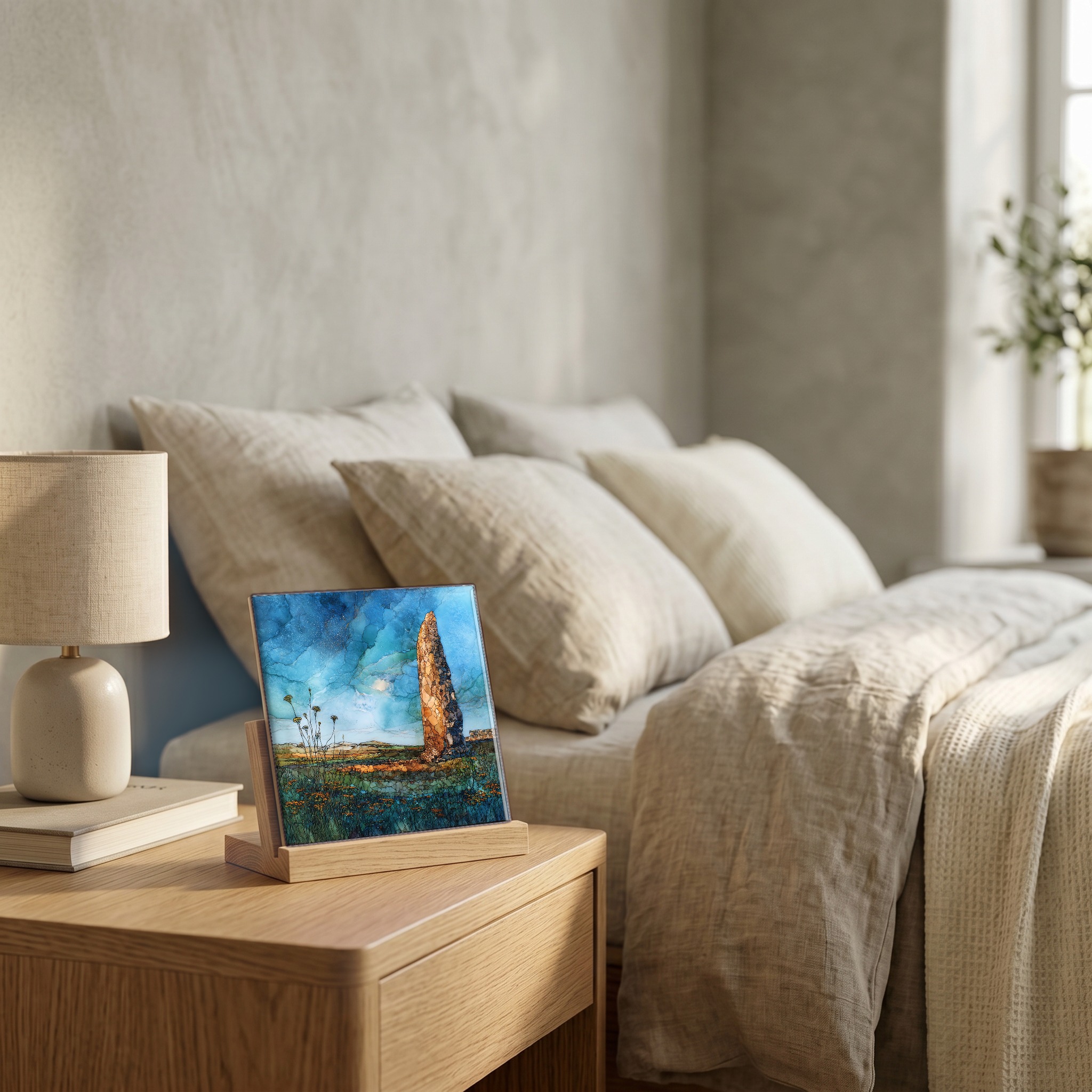 On the nightstand, on a light oak stand.