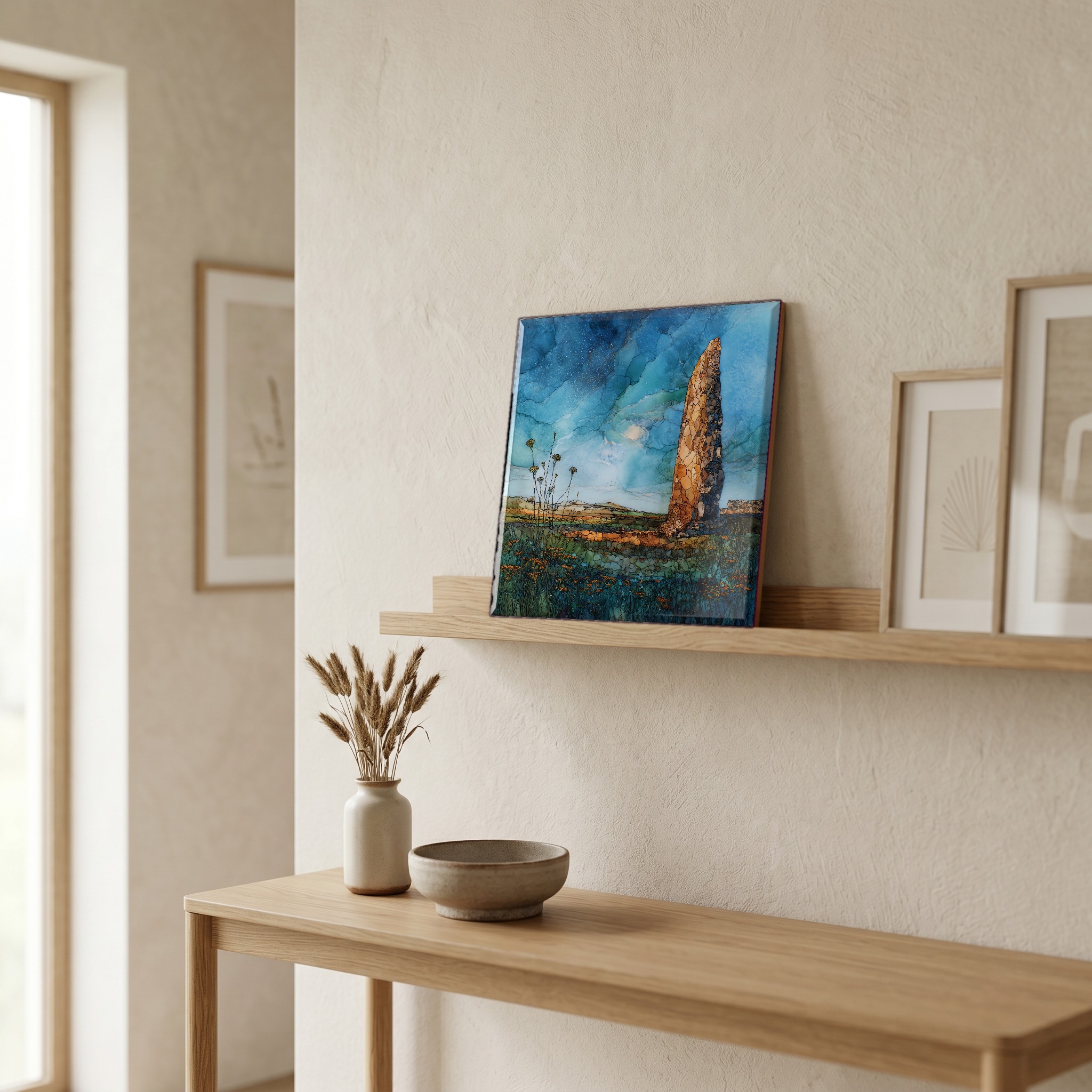 On a picture ledge, where the light comes in.