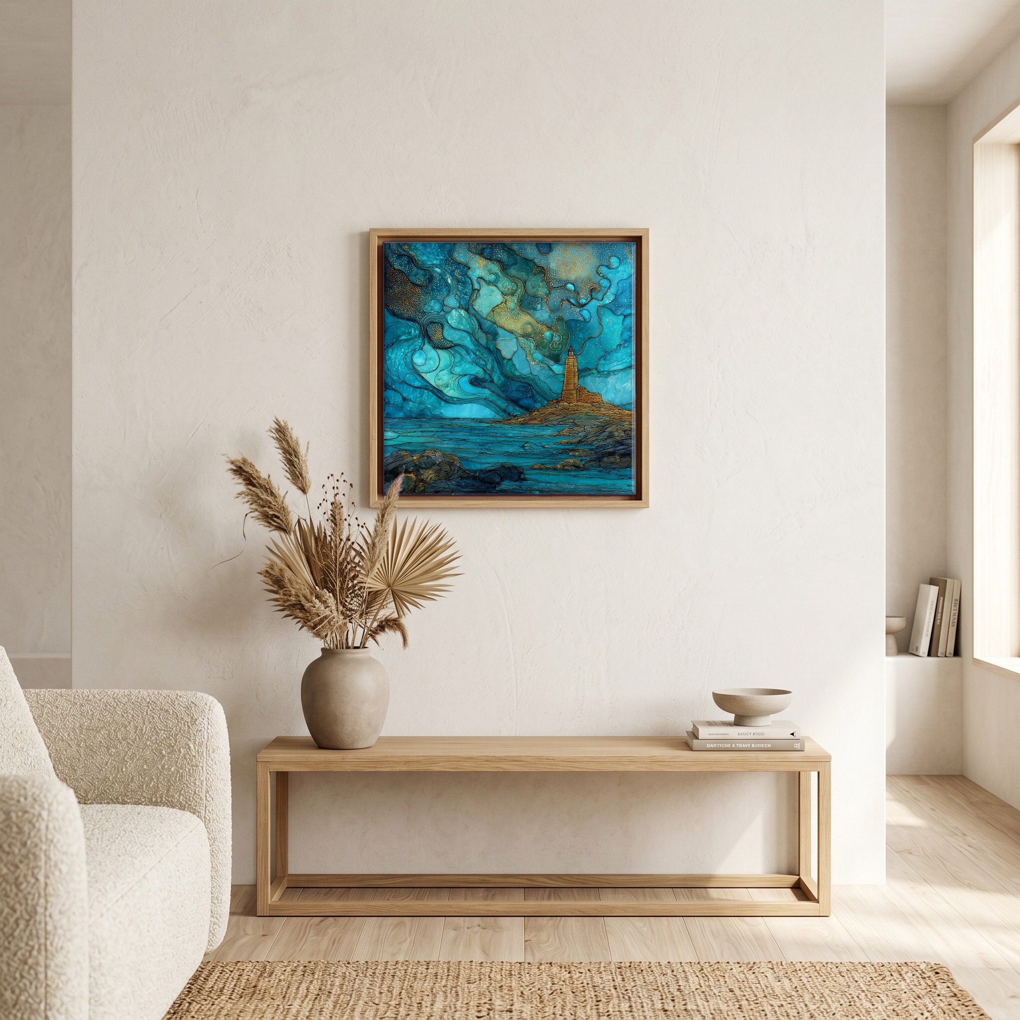 Above the bench, in a warm oak surround.