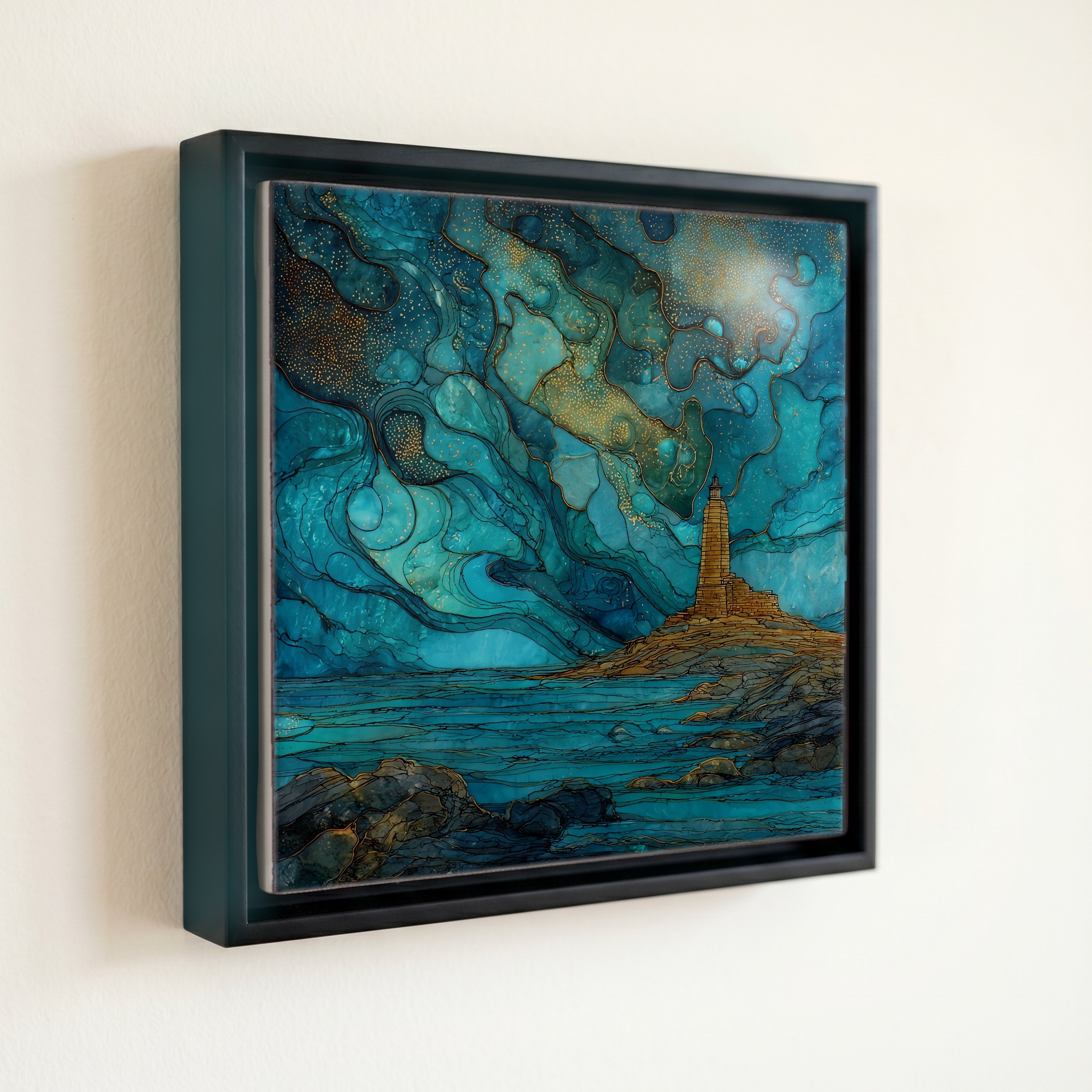 shown in a slim black floating frame · 6 × 6 in